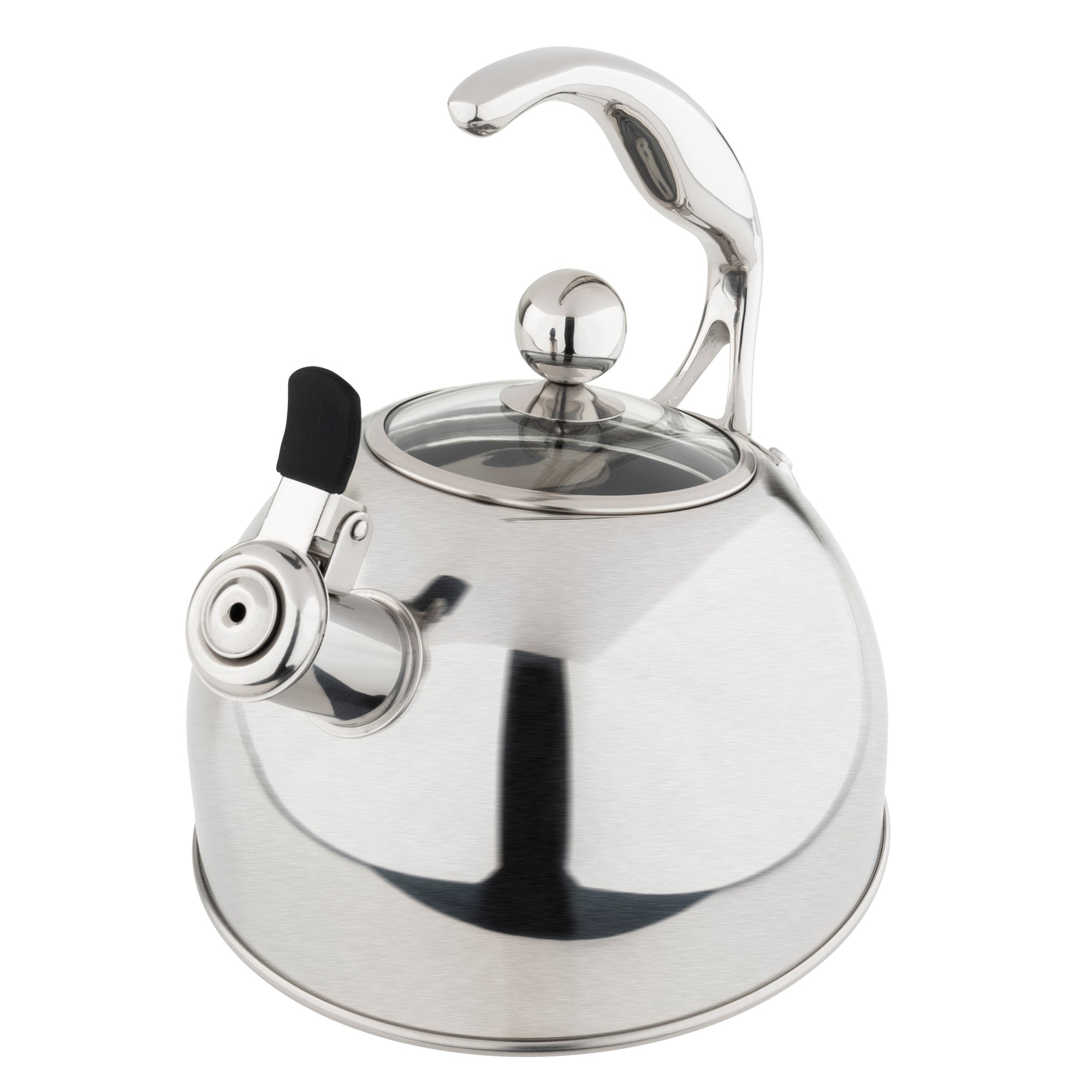 The Viking Culinary Products 2.6-Quart Satin Finish Stainless Steel Whistling Kettle features a glass lid, black spout lever, curved handle, and induction-compatible 3-ply base, shown against a white background.