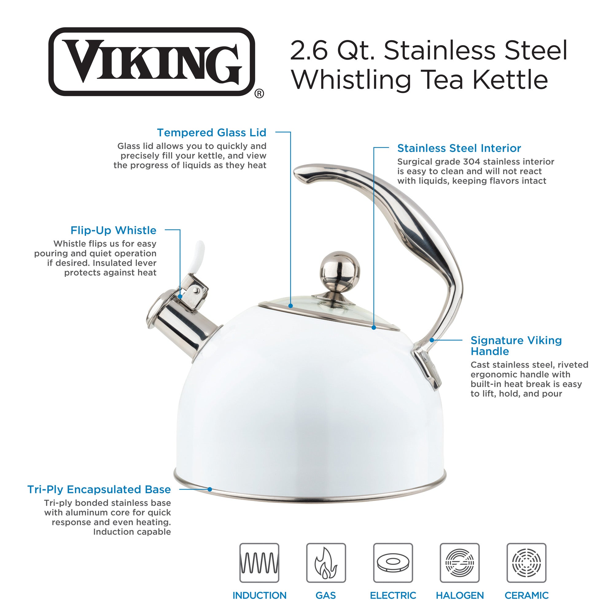 Viking 2.6-Quart White Stainless Steel Tea Kettle with 3-Ply Base