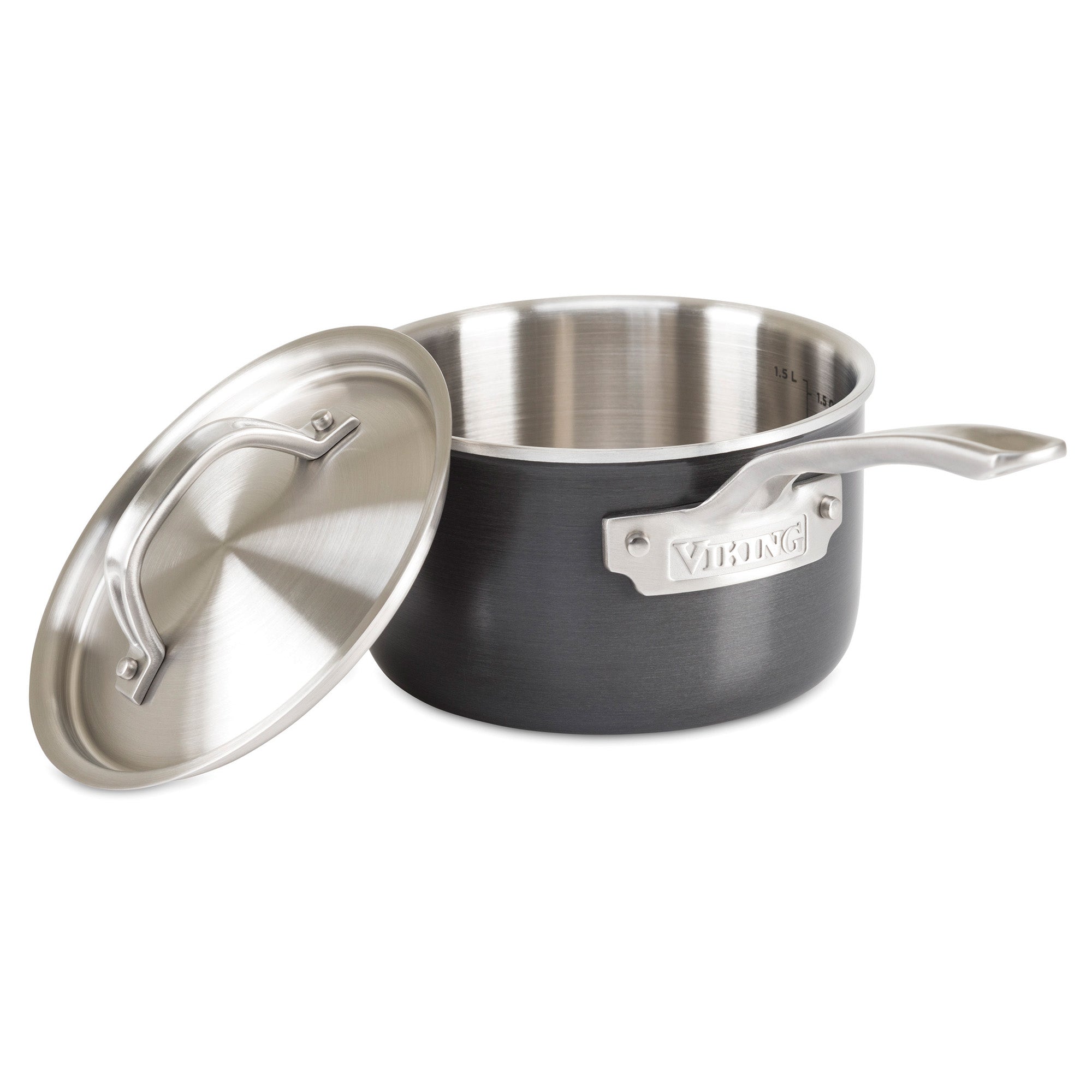 The Viking 5-Ply 10-Piece Hard Anodized Stainless Steel Cookware Set from Viking Culinary Products includes saucepans with sturdy handles, stainless lids, a brushed finish, and â€œVikingâ€ engraved on the handleâ€™s metal plate.
