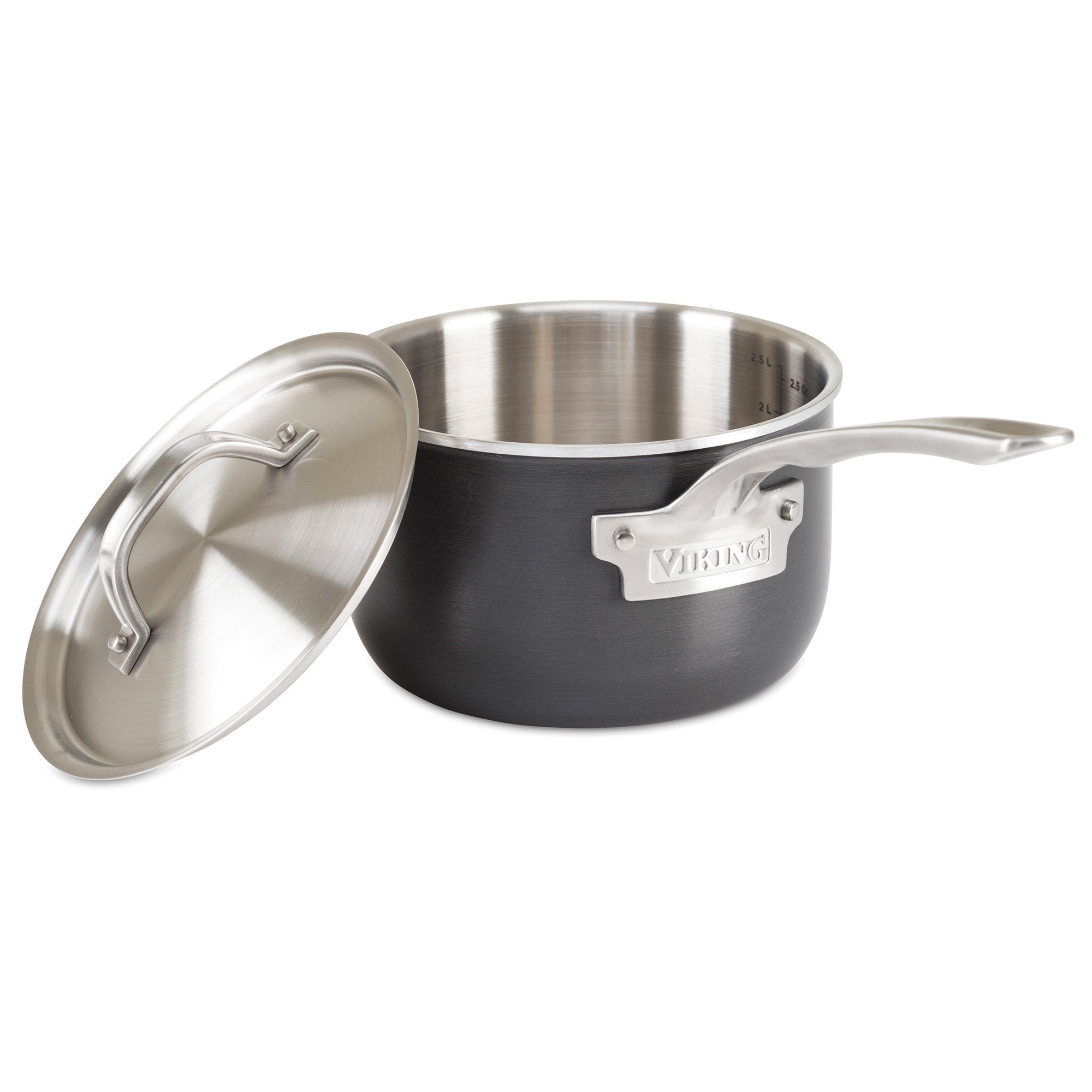 The Viking 5-Ply 10-Piece Hard Anodized Stainless Steel Cookware Set by Viking Culinary Products includes stainless lids with a brushed finish, long handles, shiny interiors, and dishwasher-safe dark exteriors.