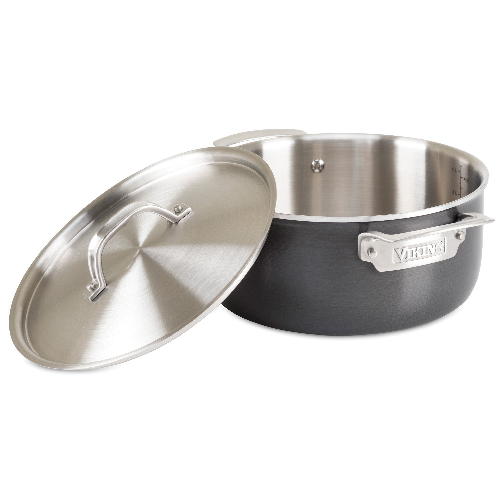 A black and silver Viking Culinary Products 5-Ply 10-Piece Hard Anodized Stainless Steel Cookware Set features two handles, a stainless lid, and a shiny stainless steel interior that showcases its premium 5-ply construction.