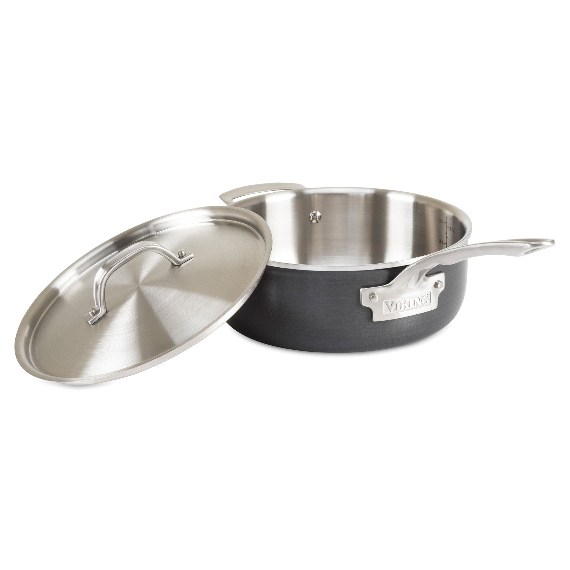The Viking Culinary Products 5-Ply 10-Piece Hard Anodized Stainless Steel Cookware Set with stainless lids features durable handles, a sleek metal interior, and exemplifies quality construction for superior cooking performance.