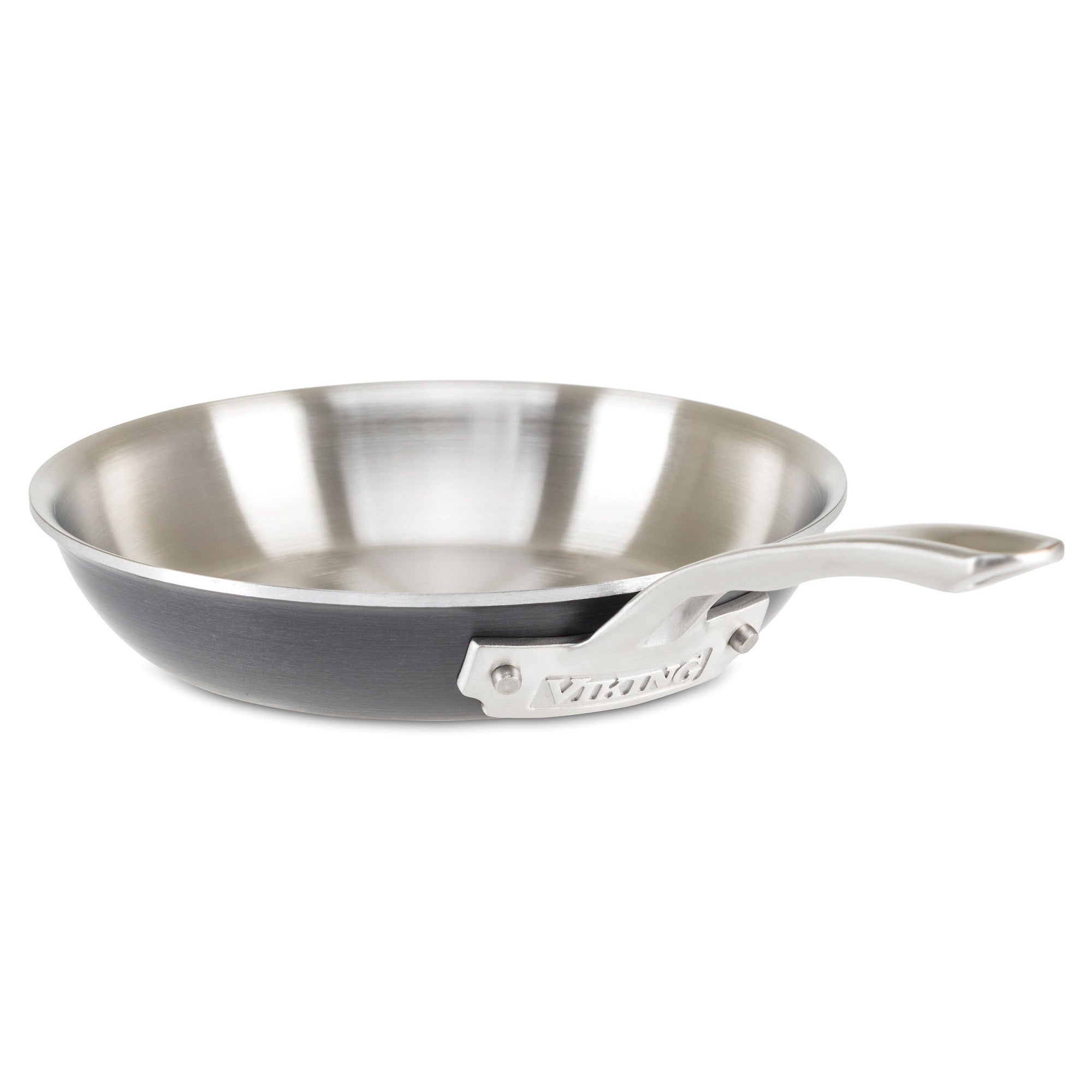 The Viking 5-Ply 10-Piece Hard Anodized Stainless Steel Cookware Set by Viking Culinary Products features cookware with shiny metal interiors, brushed exteriors, and sturdy riveted handles, displayed on a white background.