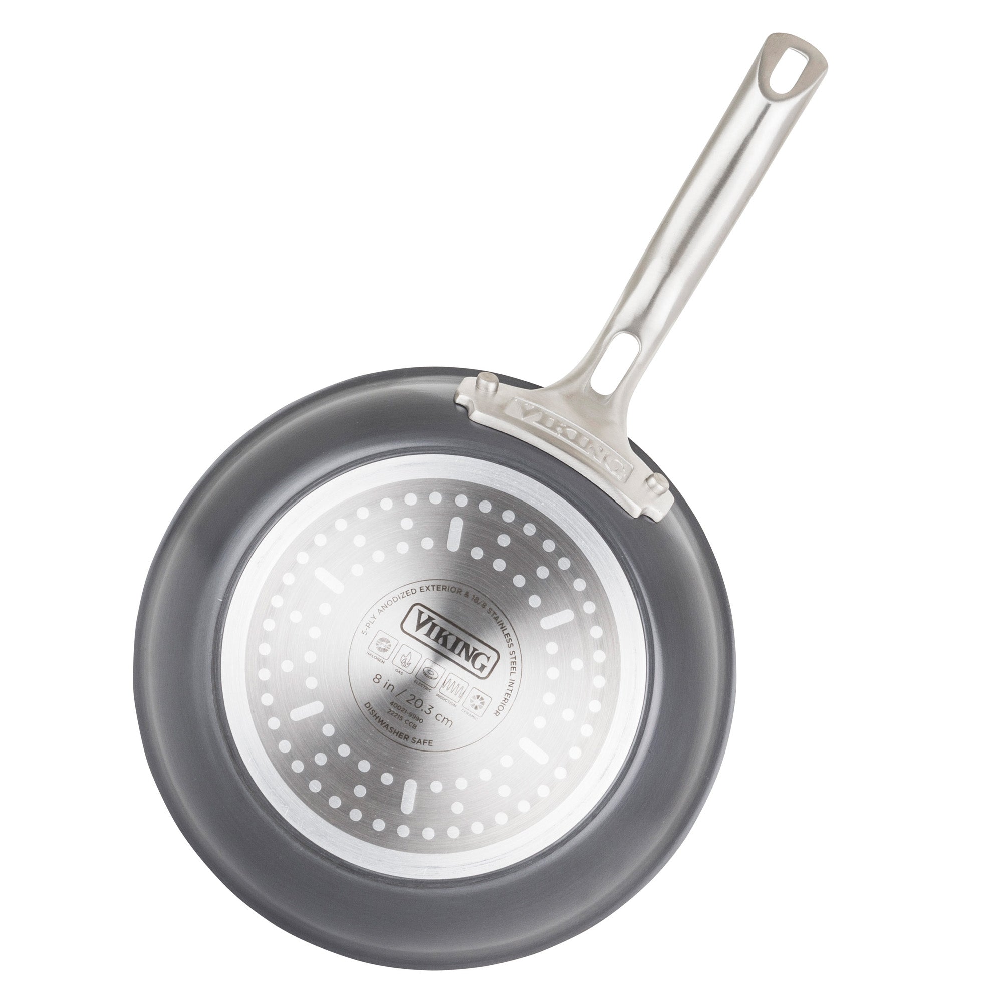A Viking Culinary 5-Ply Hard Anodized Stainless Steel frying pan from the 10-piece set is shown from above, featuring the Viking logo, dotted bottom pattern, long handle, and durable construction for even heating.