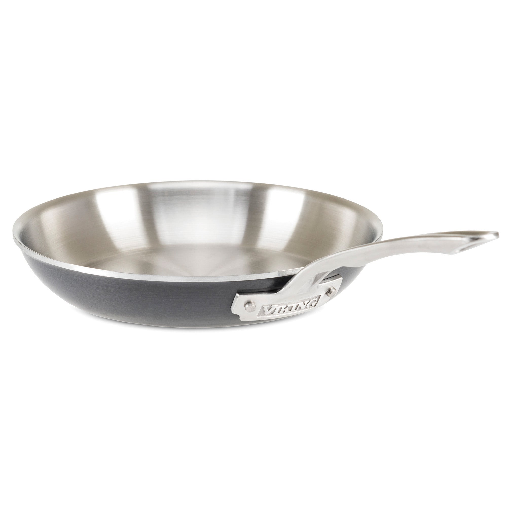 The Viking 5-Ply 10-Piece Hard Anodized Stainless Steel Cookware Set by Viking Culinary Products features shiny, curved handles and brushed stainless interiors, shown against a plain white background.