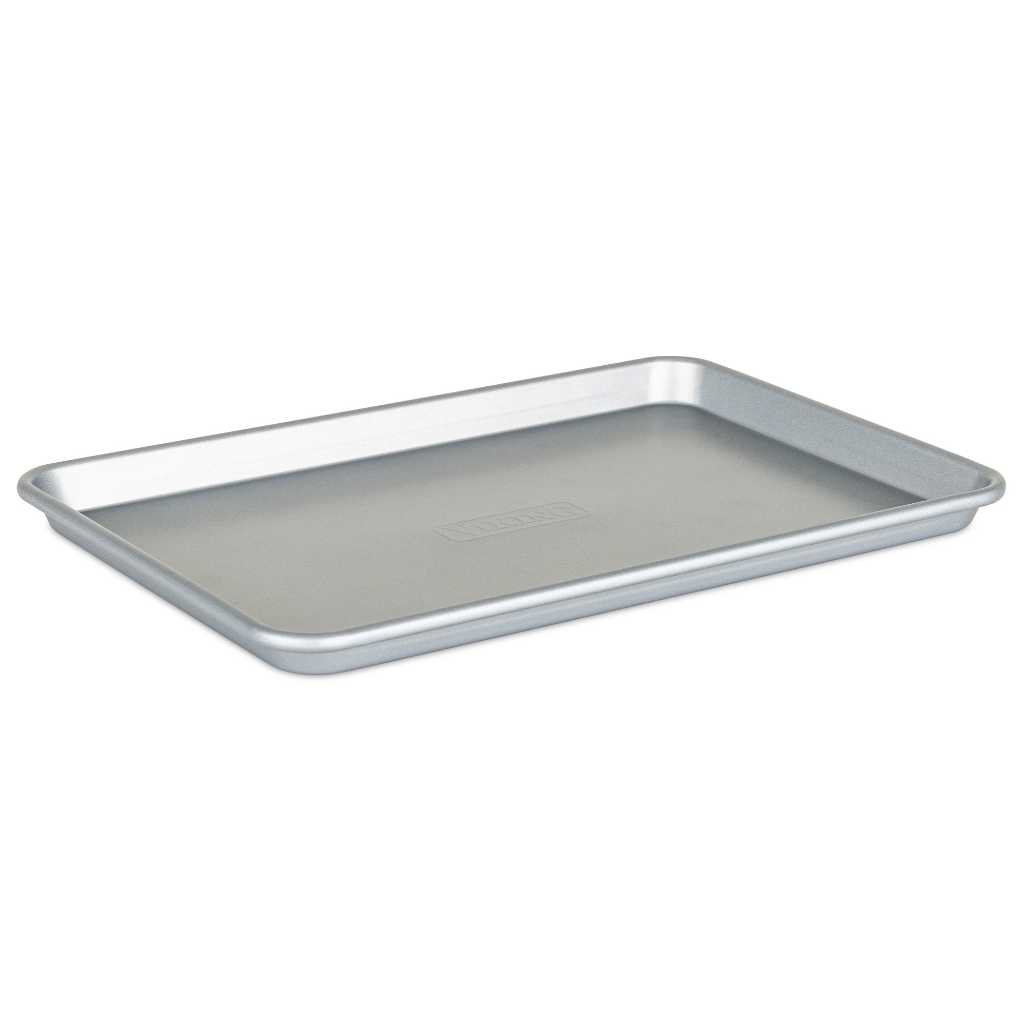 The Viking 2-Piece Nonstick Aluminized Steel Baking Sheet Set by Viking Culinary Products features rectangular silver metal sheets with raised edges, crafted from durable aluminized steel, displayed on a white background.