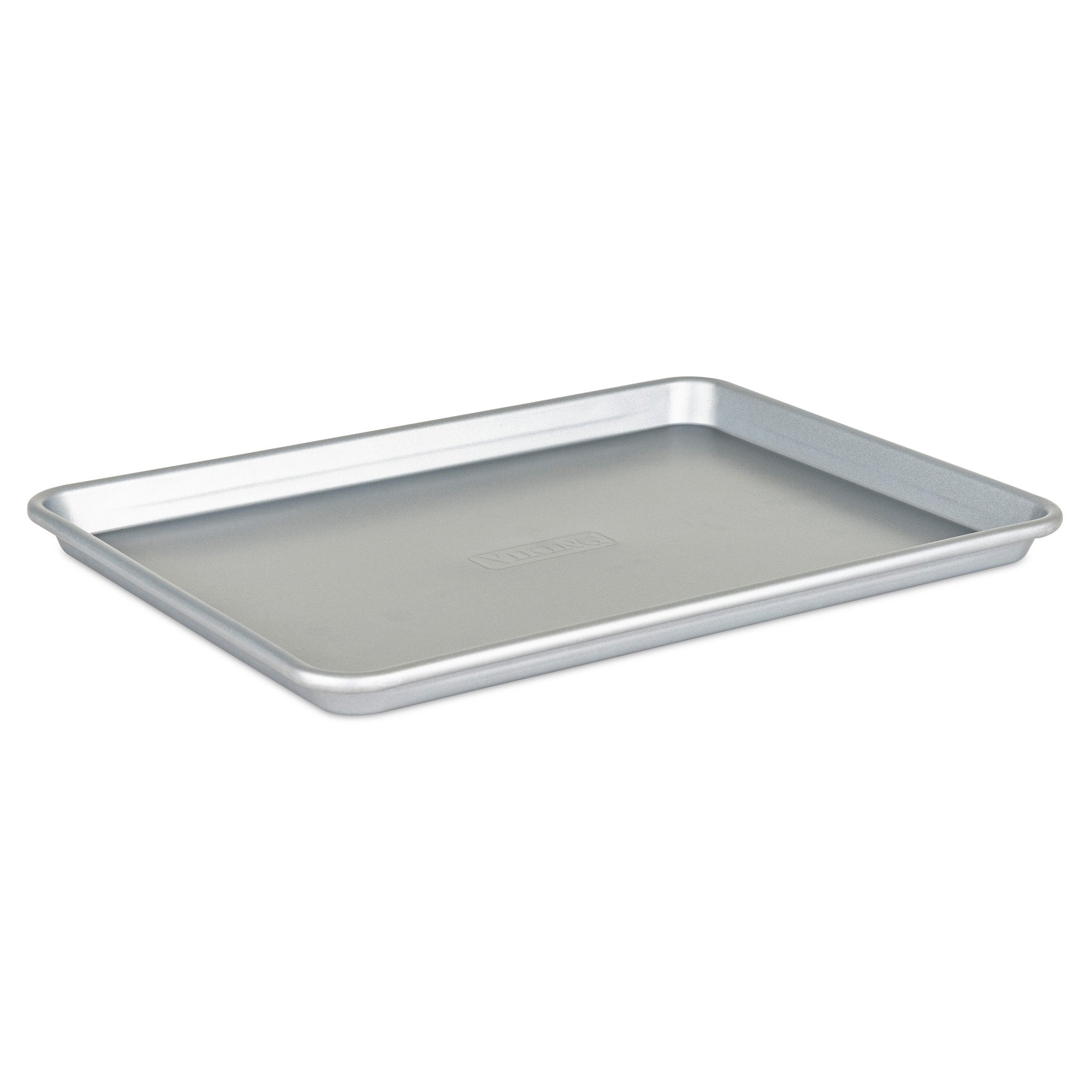 The Viking Culinary Products 2-Piece Nonstick Aluminized Steel Baking Sheet Set features silver metal sheets with raised edges, shown on a white background.