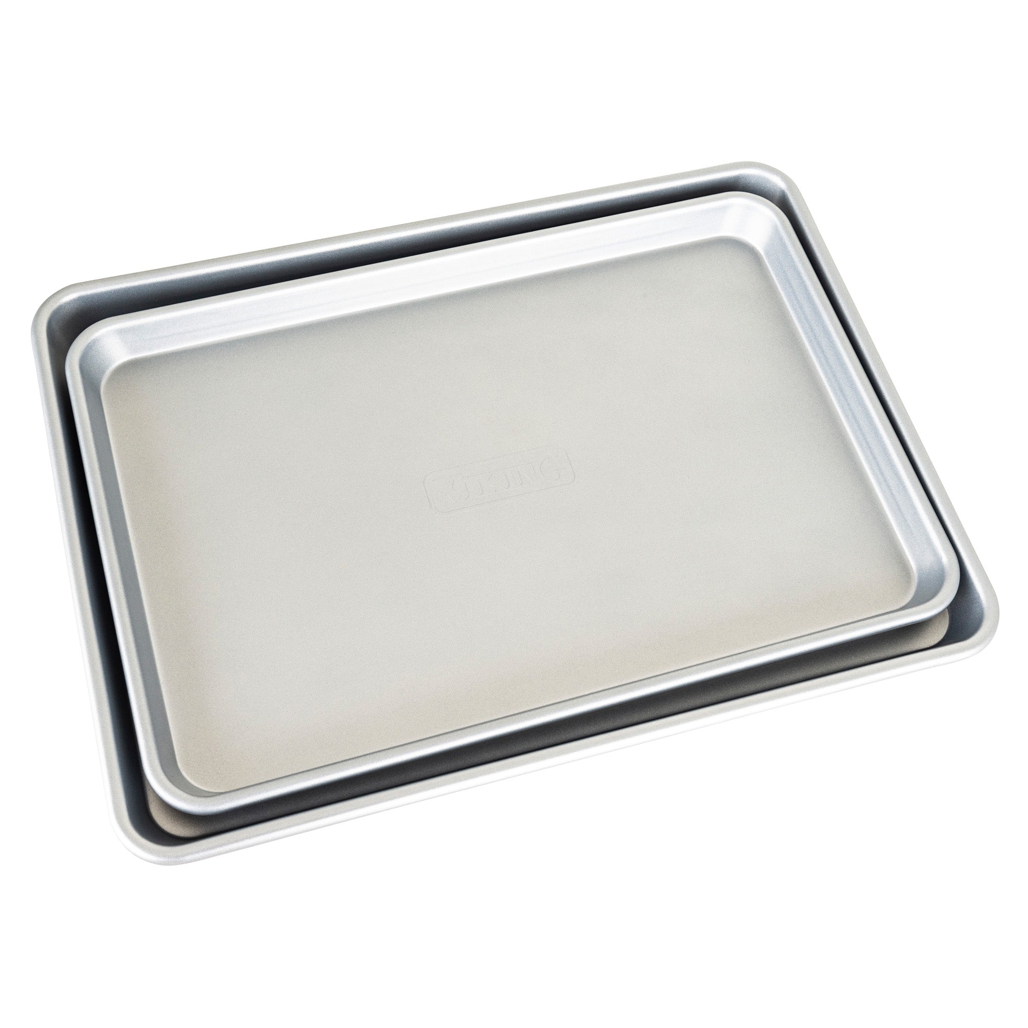 The Viking 2-Piece Nonstick Aluminized Steel Baking Sheet Set by Viking Culinary Products features two raised-edge, smooth-surface baking sheets, shown stacked on a white backgroundâ€”ideal for baking or roasting.
