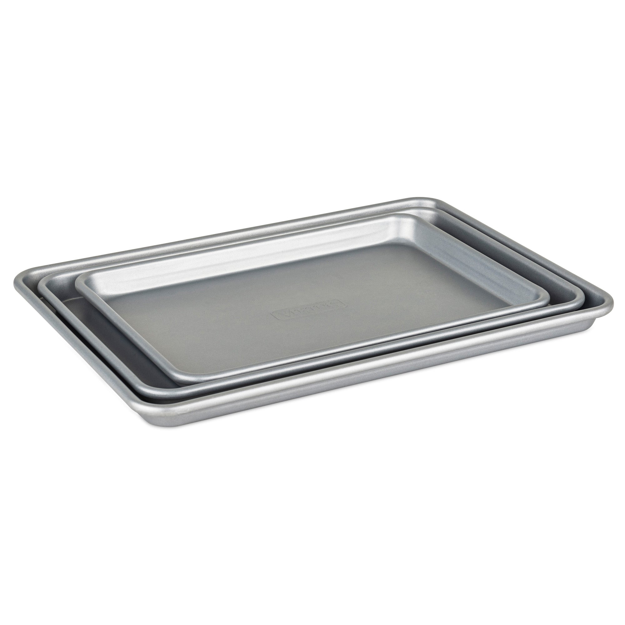 The Viking 3-Piece Nonstick Aluminized Steel Baking Sheet Set by Viking Culinary Products features three nested sheets of varying sizes on a white background, ideal for professional baking results.