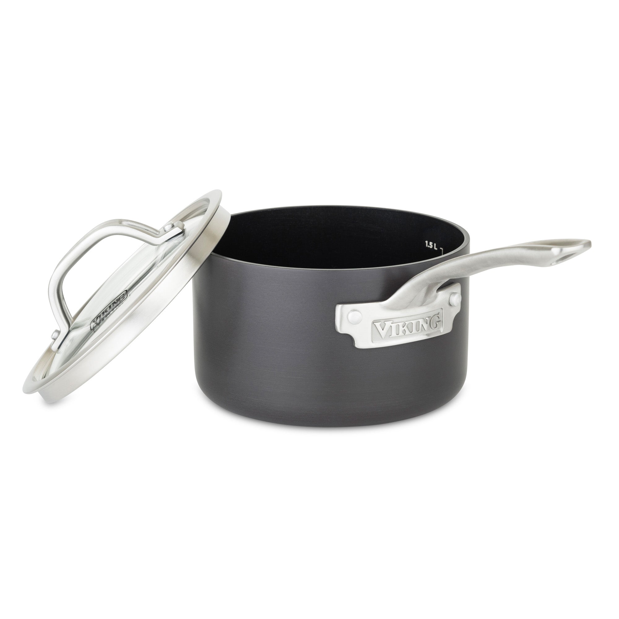 The Viking Hard Anodized Nonstick 2-Quart Sauce Pan by Viking Culinary Products is black with a silver stay-cool handle and comes with a matching glass lid, shown slightly tilted on the empty pan against a white background.