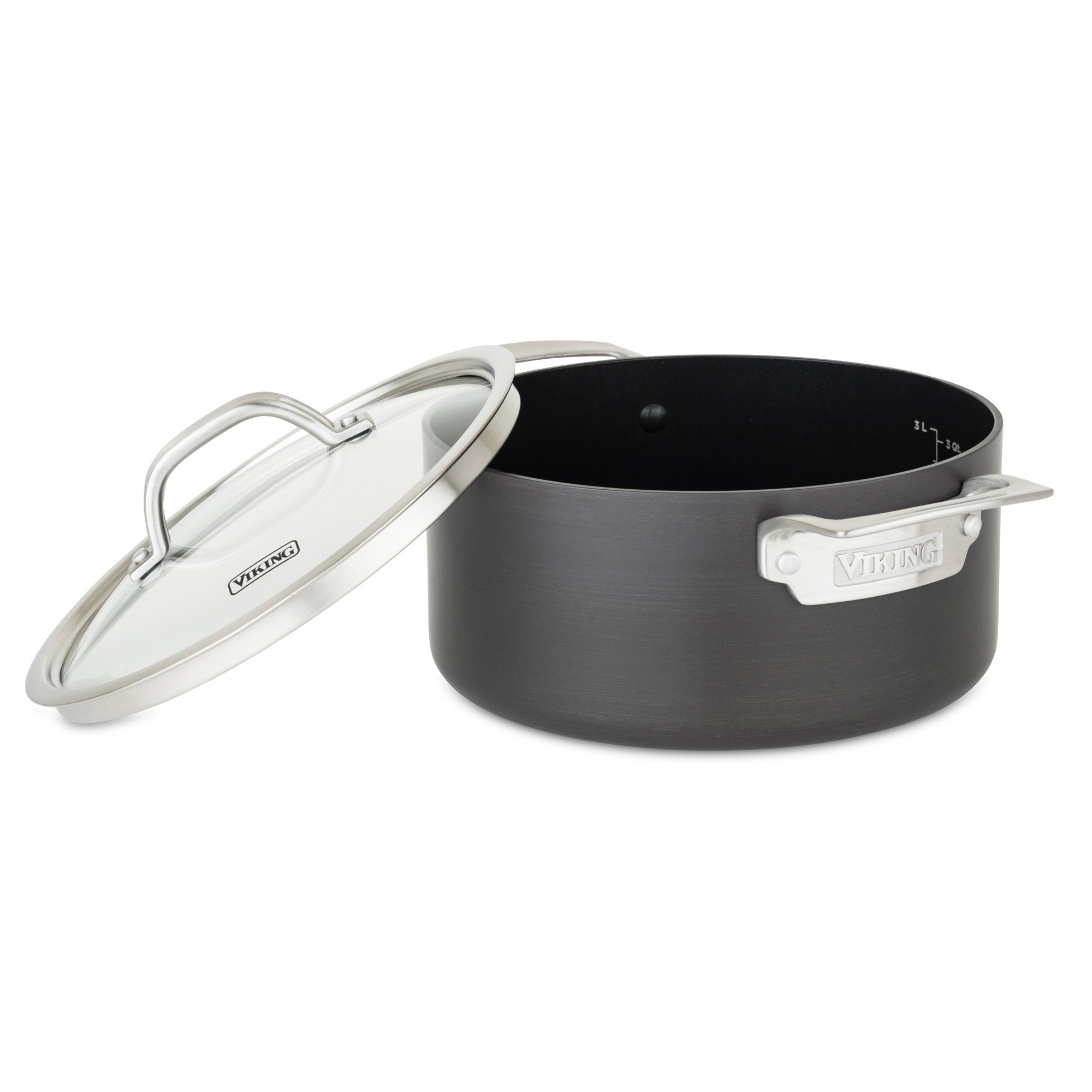 A Viking Culinary Products Hard Anodized Nonstick 4-Quart Soup Pot in black, featuring silver handles and a matching glass lid, is displayed empty and slightly ajar against a white background.
