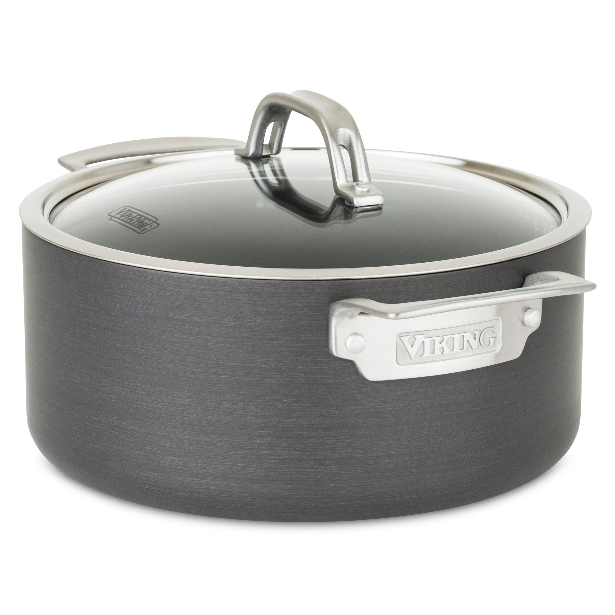 A black, hard anodized nonstick Dutch oven from the Viking Culinary Products 10-piece cookware set features two silver handles engraved with Viking and a clear glass lid.