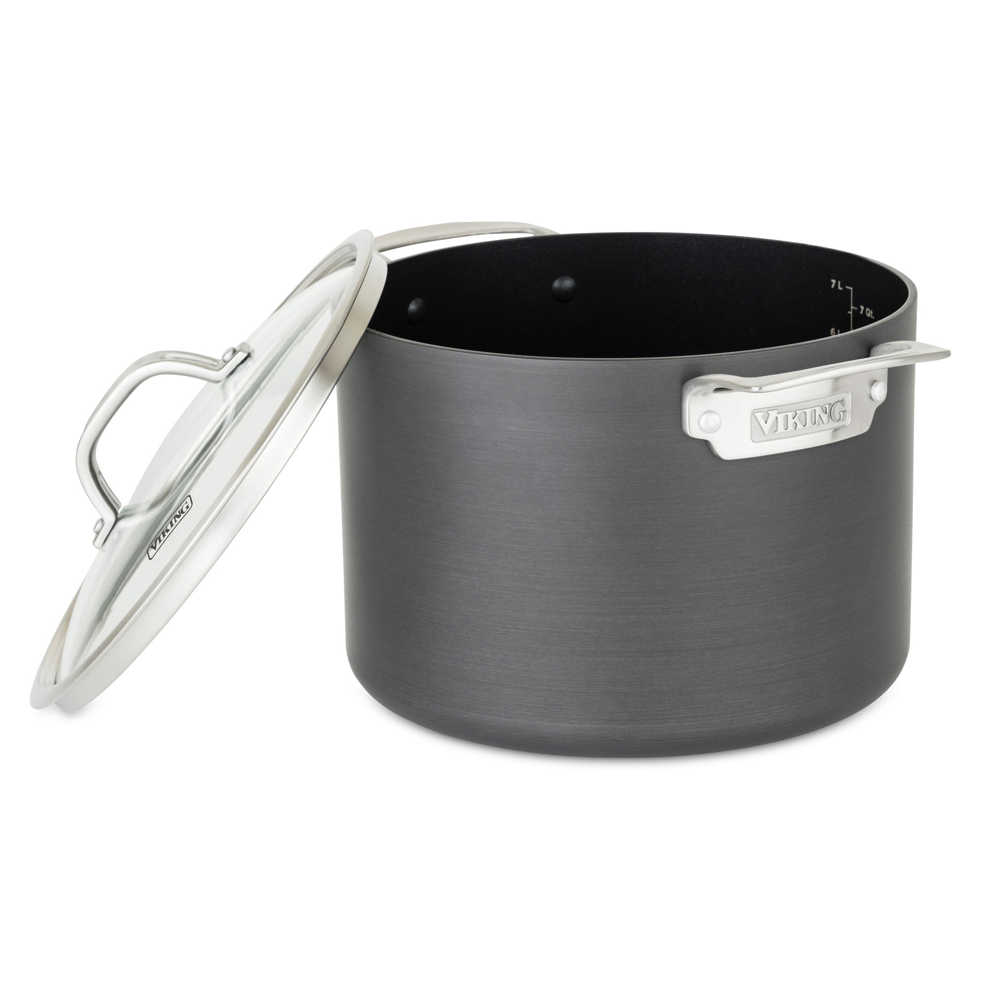 The Viking Culinary Products Hard Anodized Nonstick 8-Quart Stock Pot is shown in black with stay-cool handles and a glass lid resting on the side, revealing its interior and measurement markings.