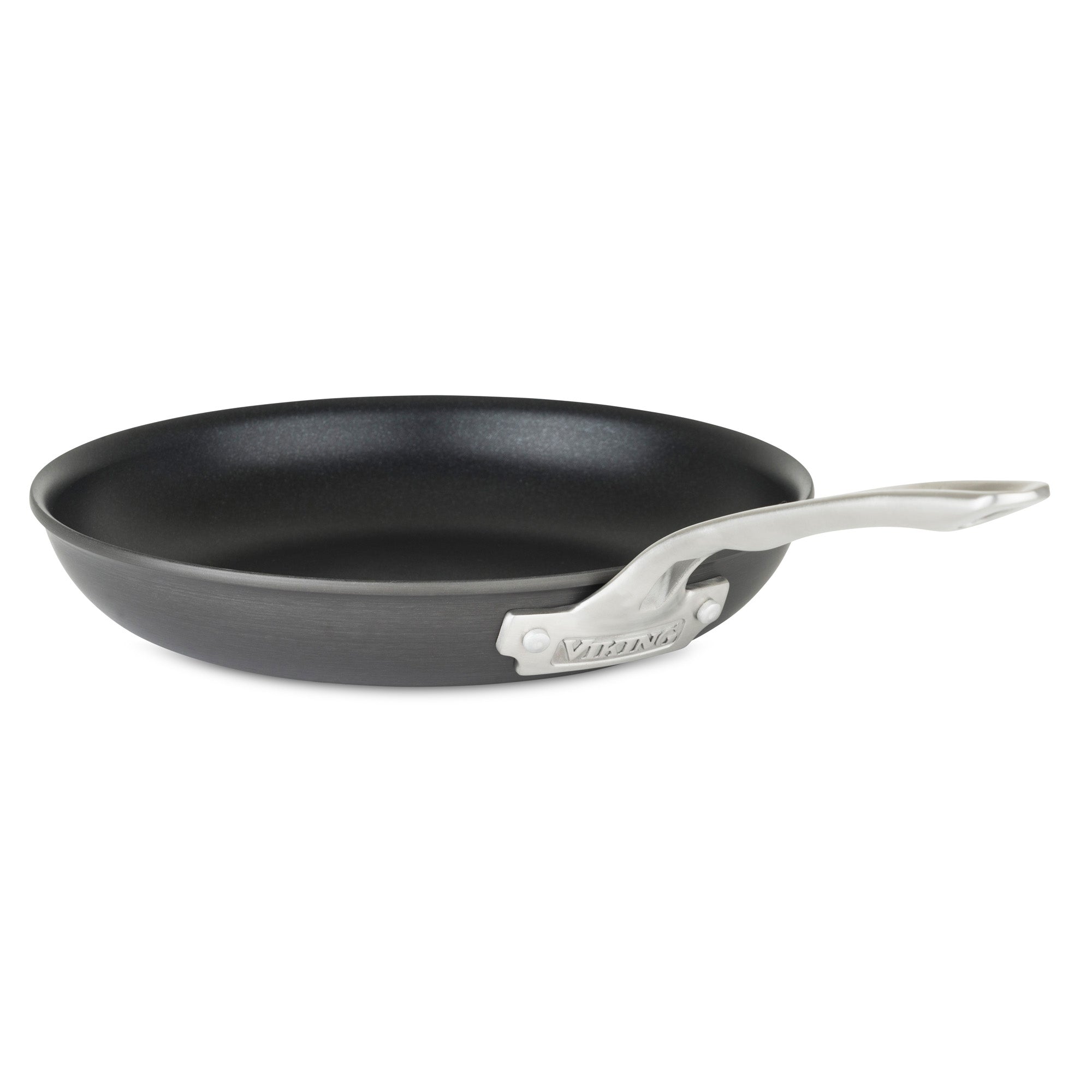 The Viking Hard Anodized Nonstick 2-Piece Fry Pan Set by Viking Culinary Products features black pans with a shiny Stay-Cool Handle, crafted from hard anodized aluminum and shown on a white background.