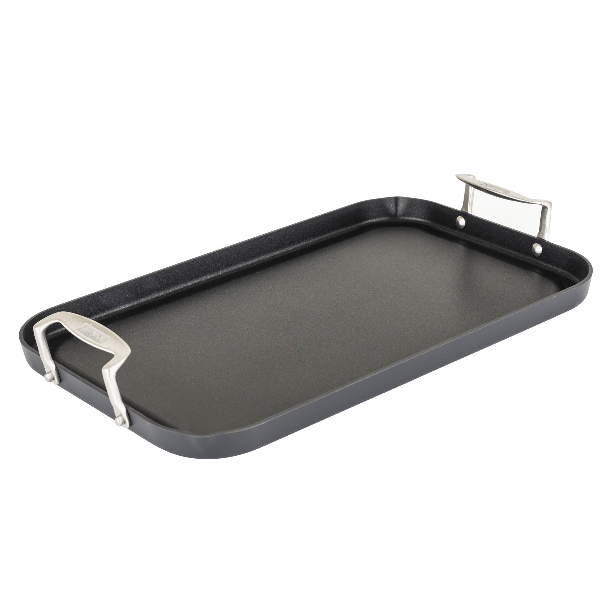 The Viking Hard Anodized Nonstick Double Burner Griddle by Viking Culinary Products, featuring two metal side handles and slightly raised edges, is displayed on a white background.