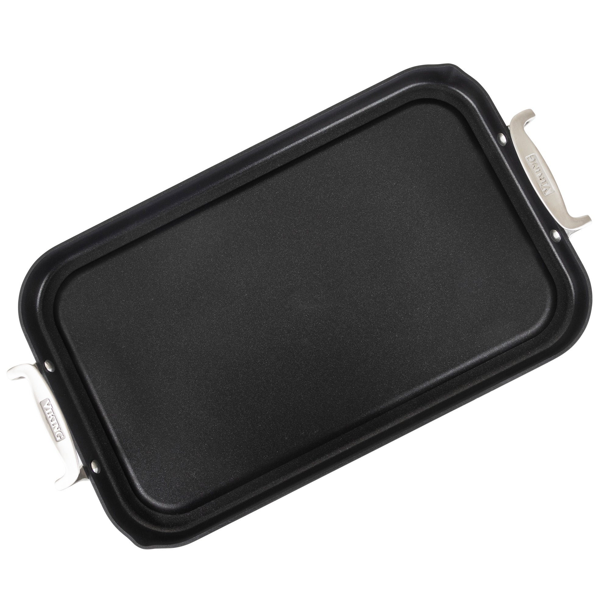 The Viking Hard Anodized Nonstick Double Burner Griddle by Viking Culinary Products is a rectangular black pan with a nonstick surface, raised edges, and two silver handles, shown on a white background.