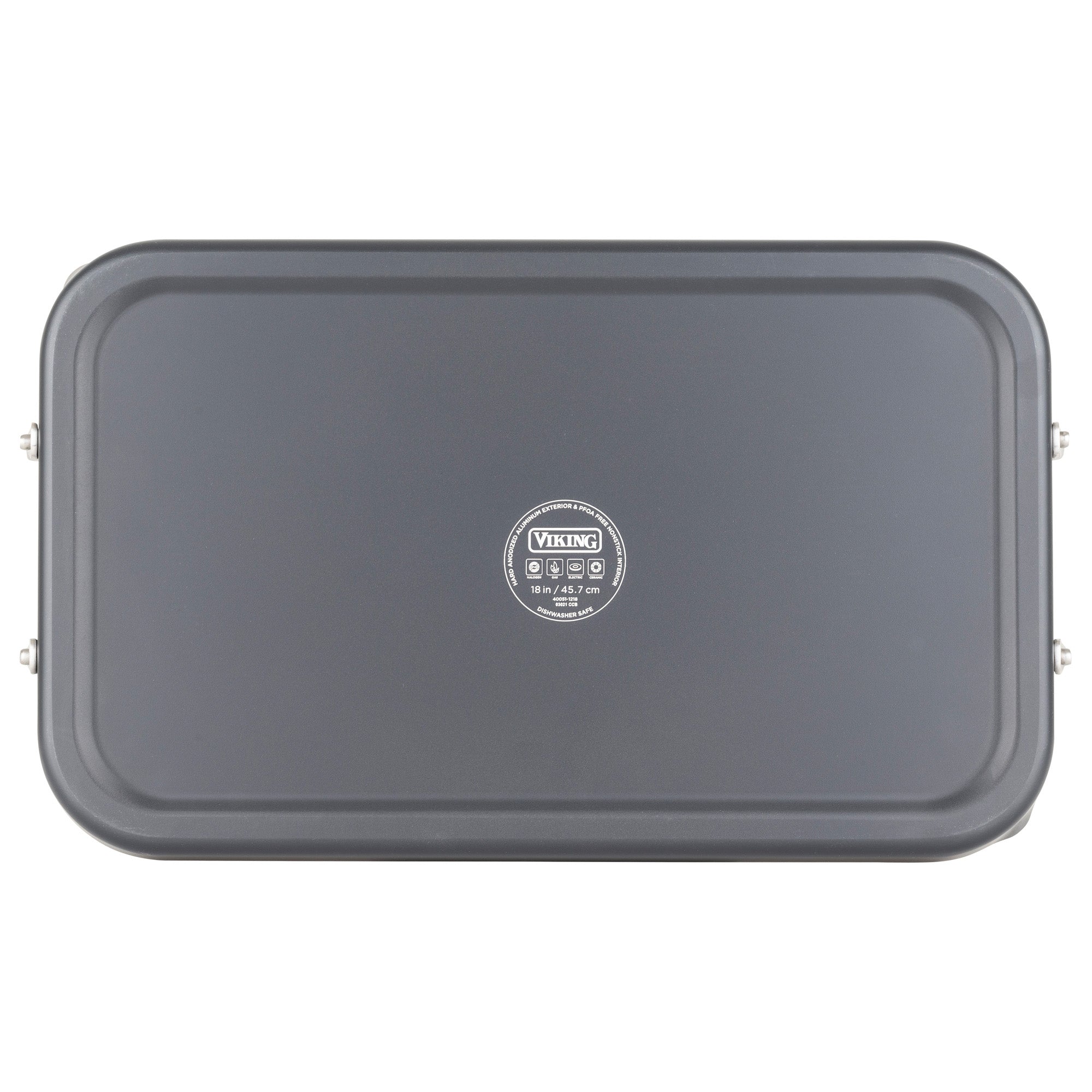 A rectangular black Viking Hard Anodized Nonstick Double Burner Griddle by Viking Culinary Products, with rounded edges and an overhead view showing the logo and instructions centered on the nonstick surface.