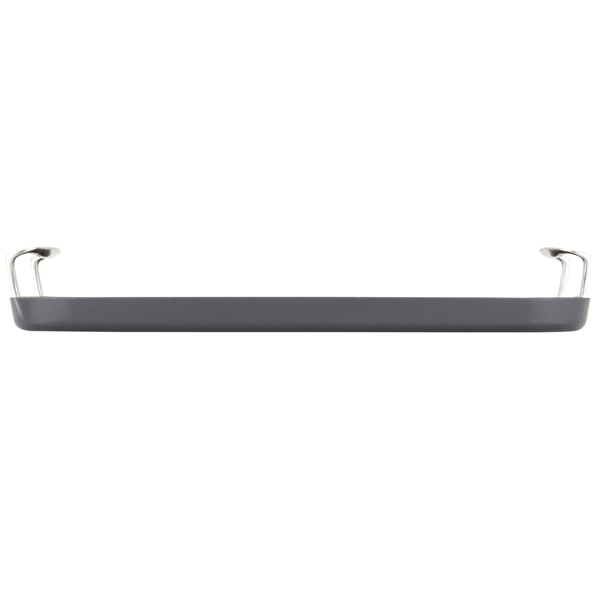 The Viking Hard Anodized Nonstick Double Burner Griddle by Viking Culinary Products is a dark gray aluminum tray with raised sides and two silver handles, displayed from the side on a white background.