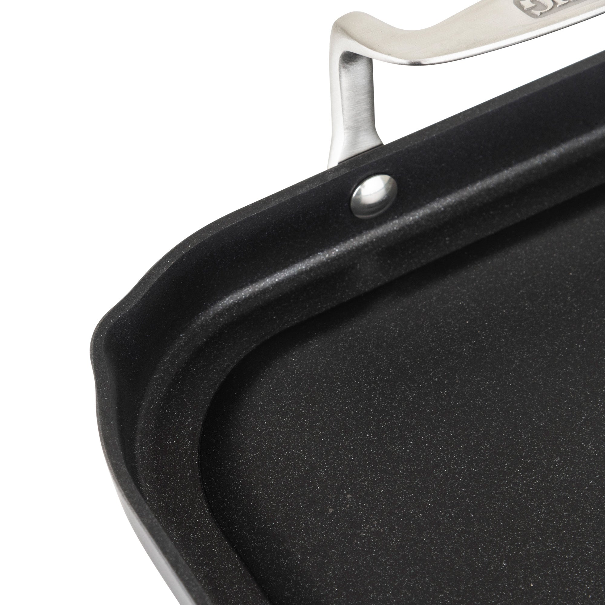 Close-up of the Viking Culinary Products Viking Hard Anodized Nonstick Double Burner Griddle, featuring a silver handle secured with a large screw and showing the smooth, textured cooking surface with part of the curved edge.