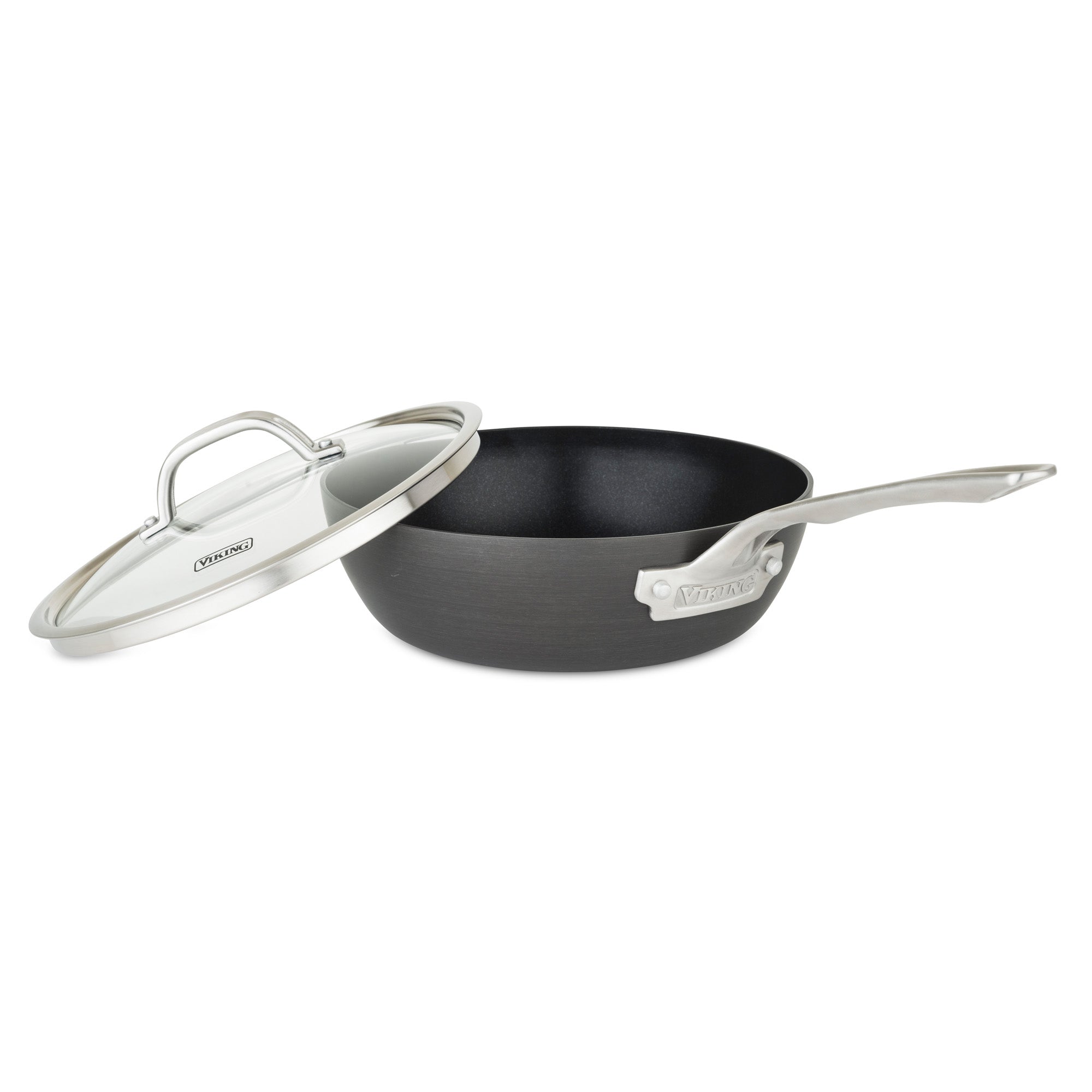 The Viking Hard Anodized Nonstick 3-Quart Saucier Pan by Viking Culinary Products features a black finish, Stay-Cool Handle, and matching glass lid, displayed to the side against a white background.