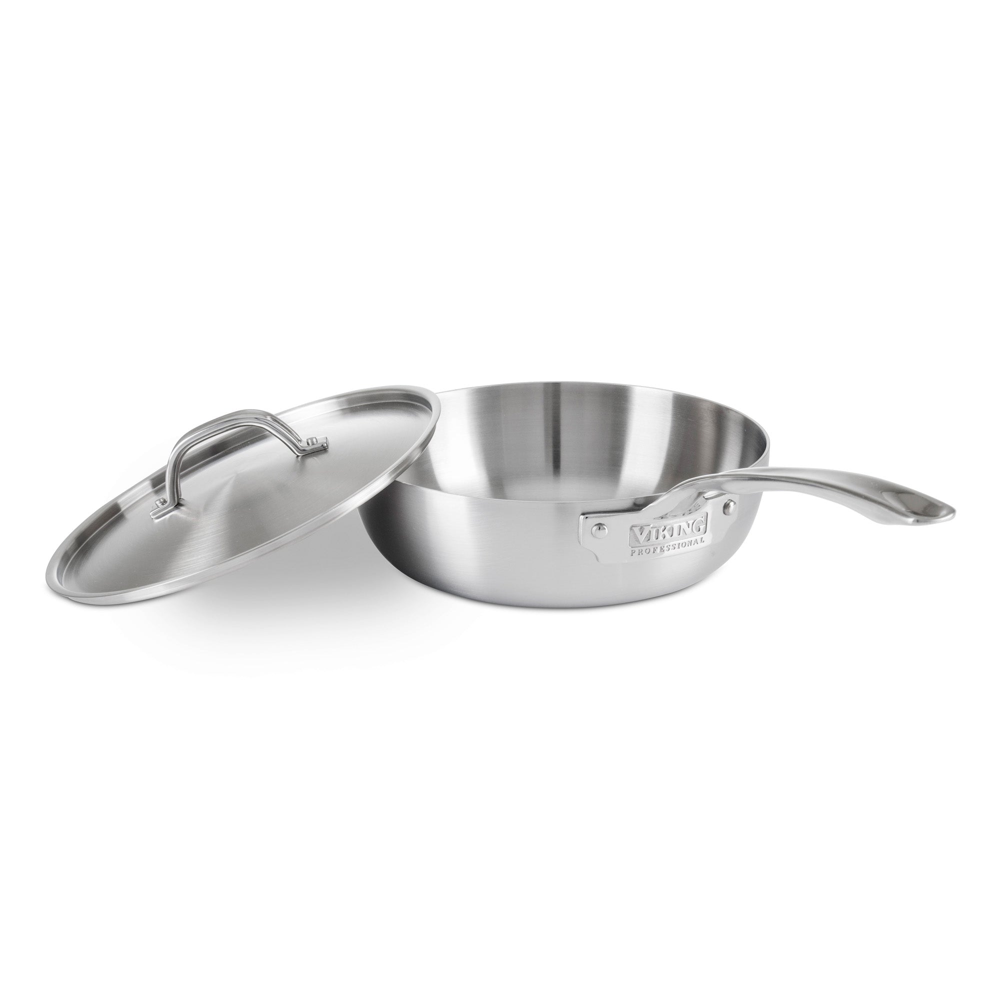 The Viking Professional 5-Ply 3-Quart Saucier with Metal Lid by Viking Culinary Products features sturdy 5-ply stainless steel, a brushed finish, long handle, matching metal lid, and a side brand label. The pan is positioned slightly off to the side.
