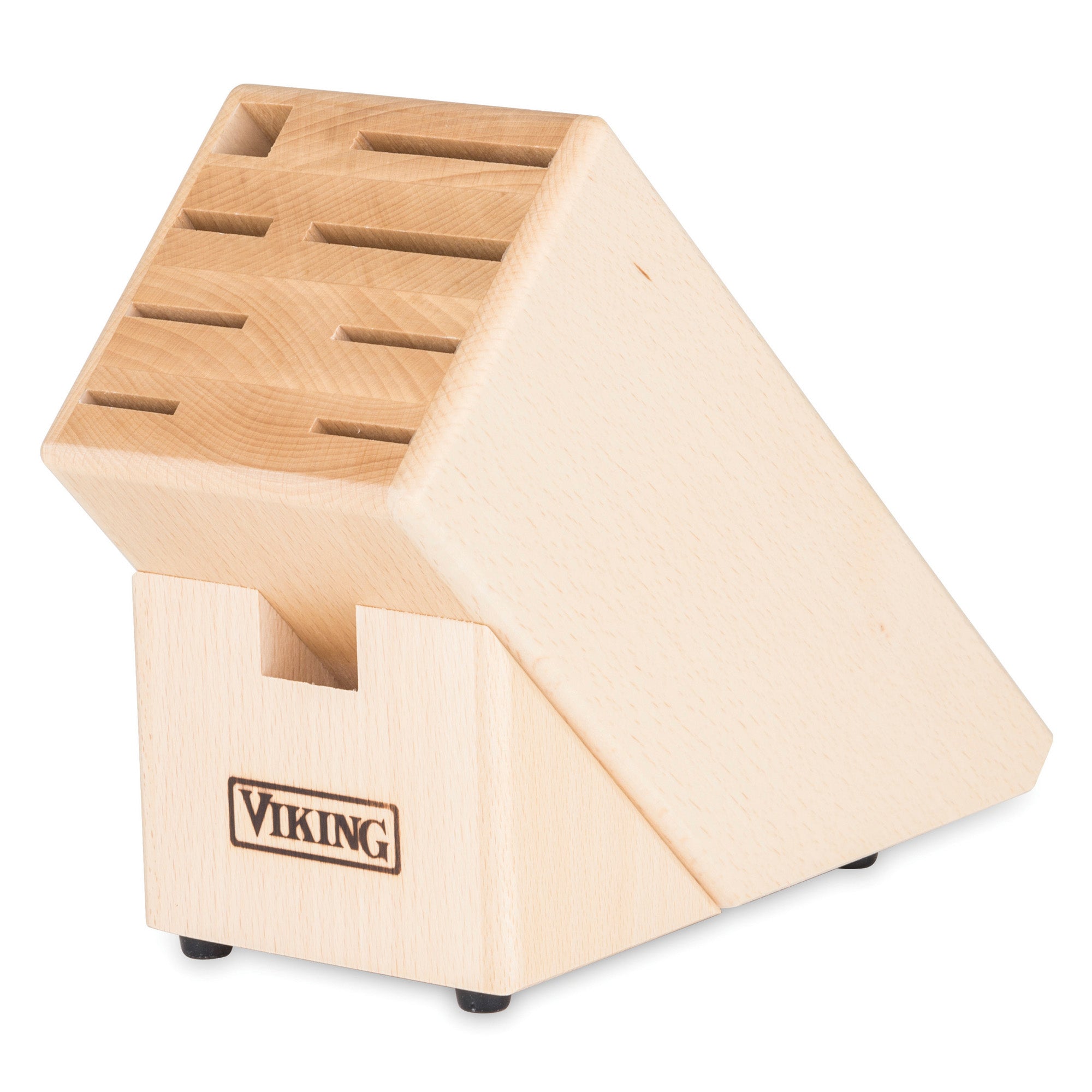 The Viking Professional 7-Piece Cutlery Set by Viking Culinary Products features a light wood knife block with angled slots for chef knives, a front slot for scissors or sharpening steel, and VIKING engraved on the front. Ideal for full-tang design blades.