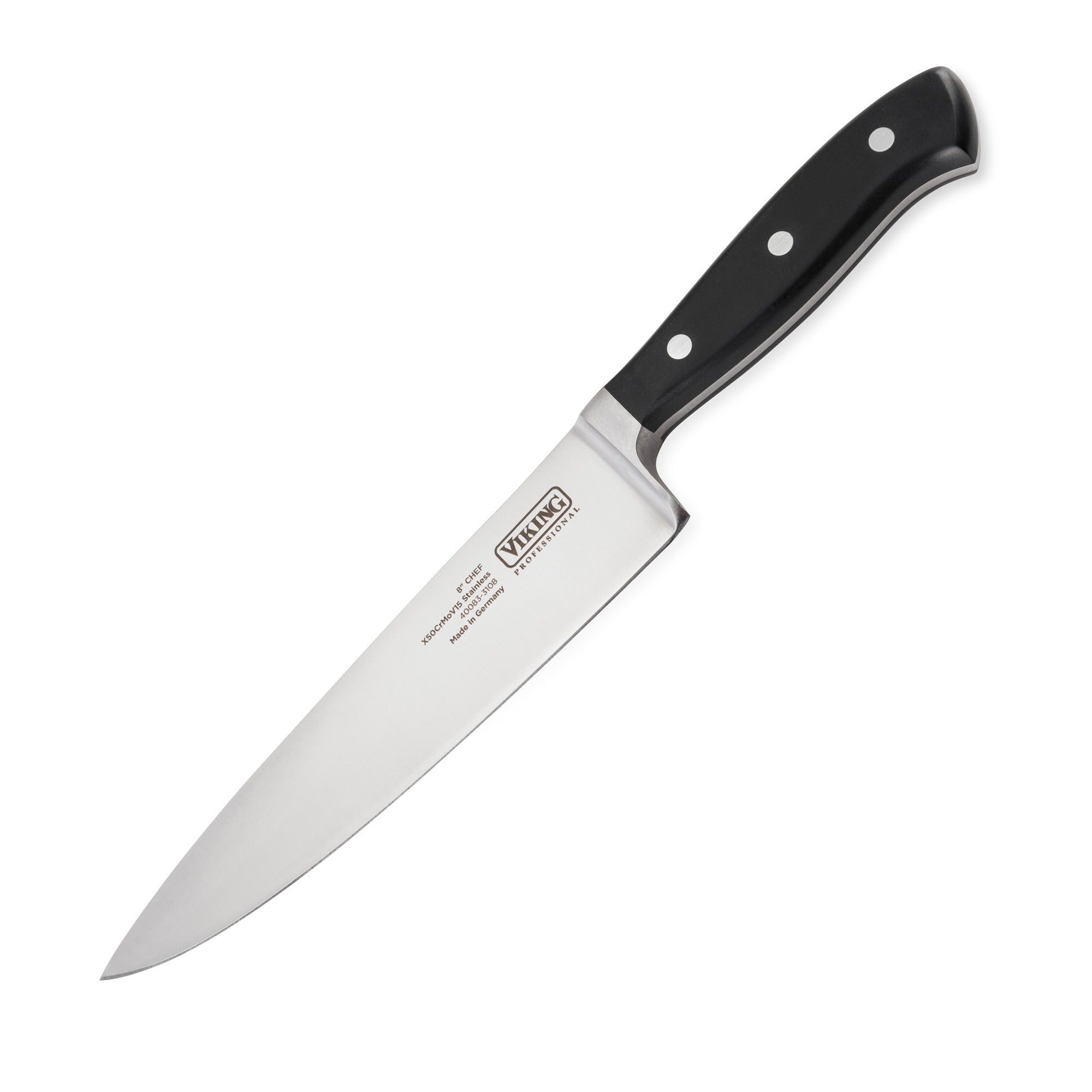 The Viking Professional 7-Piece Cutlery Set by Viking Culinary Products features a stainless steel chef knife with a full-tang design and a black handle with three silver rivets, shown on a white background.