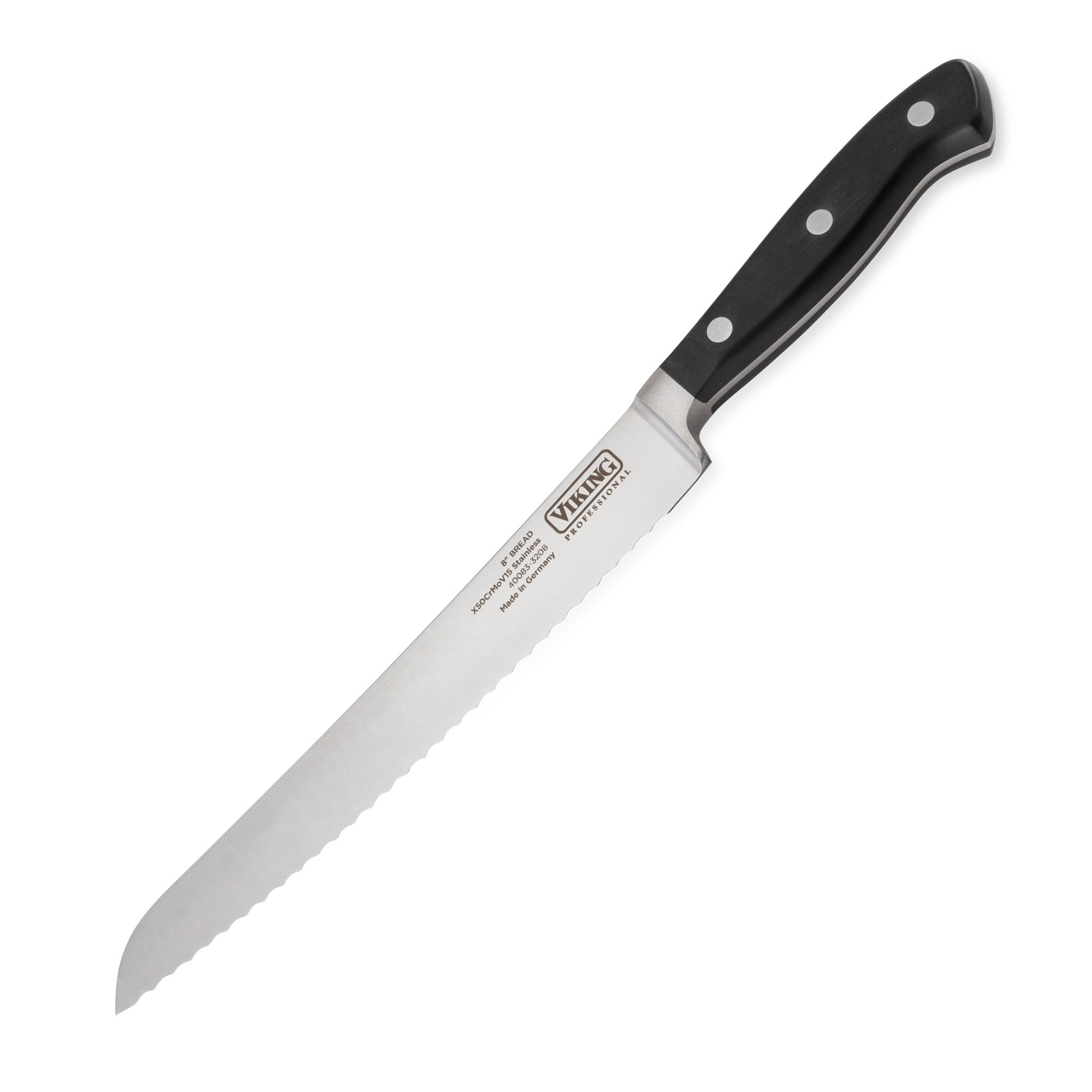 The Viking Professional 7-Piece Cutlery Set by Viking Culinary Products includes a serrated bread knife with a long German steel blade, black handle with three rivets, and full-tang design, displayed on a white background.