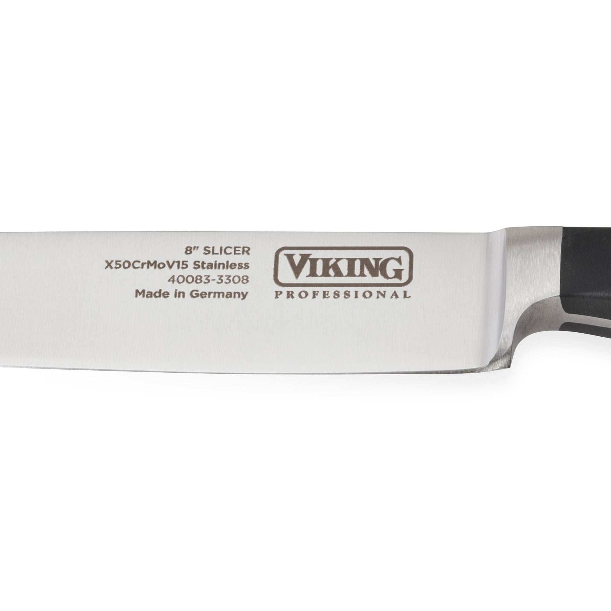 Close-up of the Viking Professional 8 Carving Knife by Viking Culinary Products, featuring a premium German steel blade with engraved details and Made in Germany text. Handle partly visible; dishwasher safe for easy cleaning.
