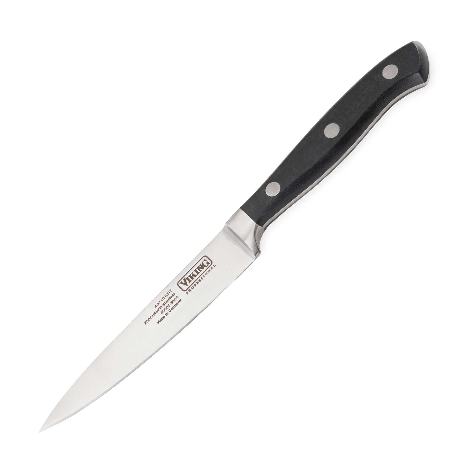 The Viking Professional 7-Piece Cutlery Set by Viking Culinary Products features a sharp, full-tang chef knife with a pointed German steel blade and black handle with three rivets, displayed diagonally on a white background.