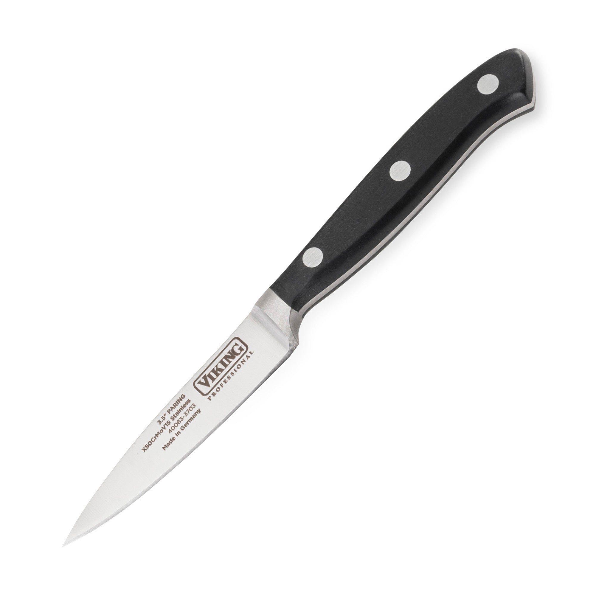 A Viking Culinary Products paring knife from the Viking Professional 7-Piece Cutlery Set features a full-tang stainless steel blade, a black handle with three silver rivets, and branding on the blade, shown against a white background.