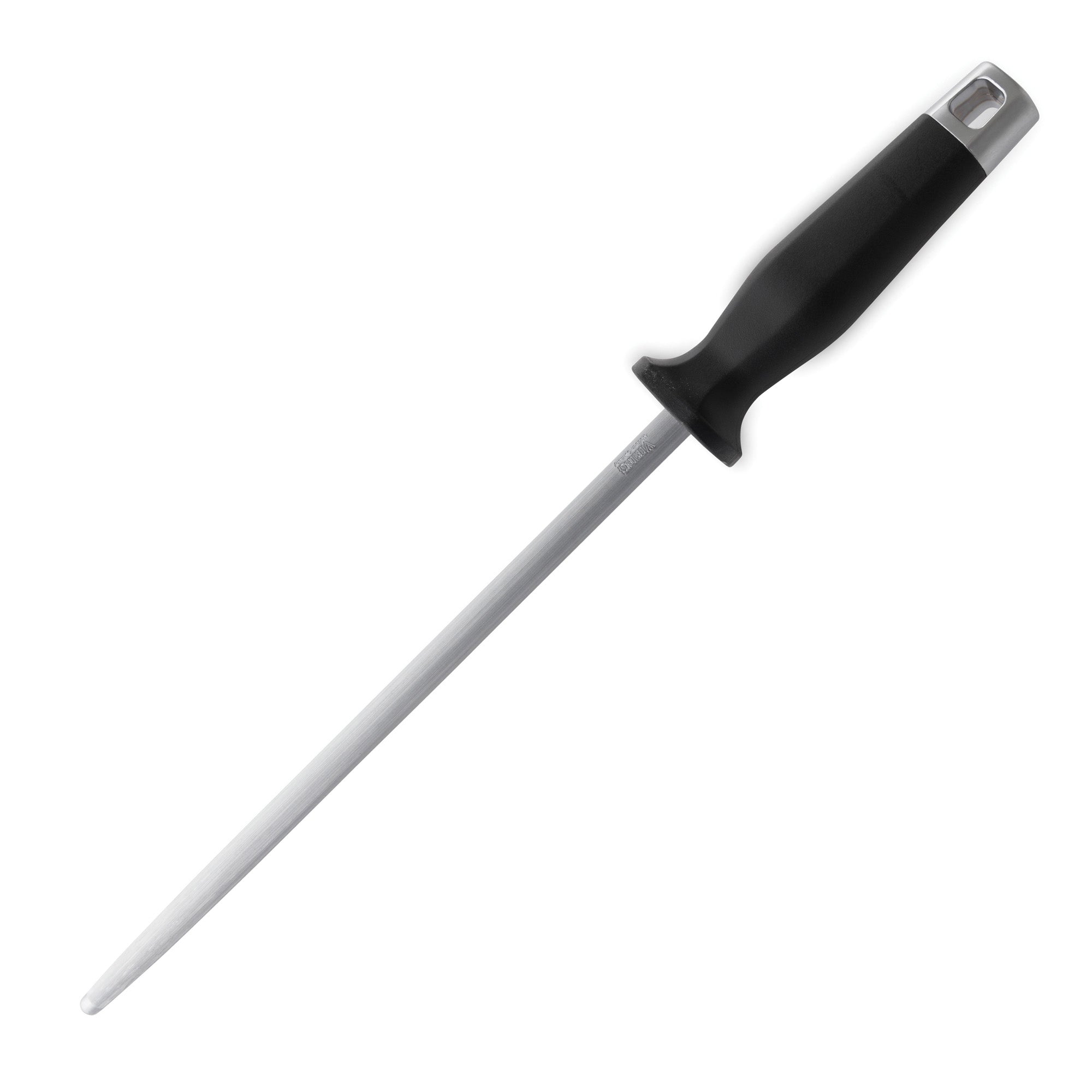 The Viking Professional 7-Piece Cutlery Set by Viking Culinary Products includes a honing steel with a premium German steel rod and an ergonomic black handle, ideal for sharpening knives.