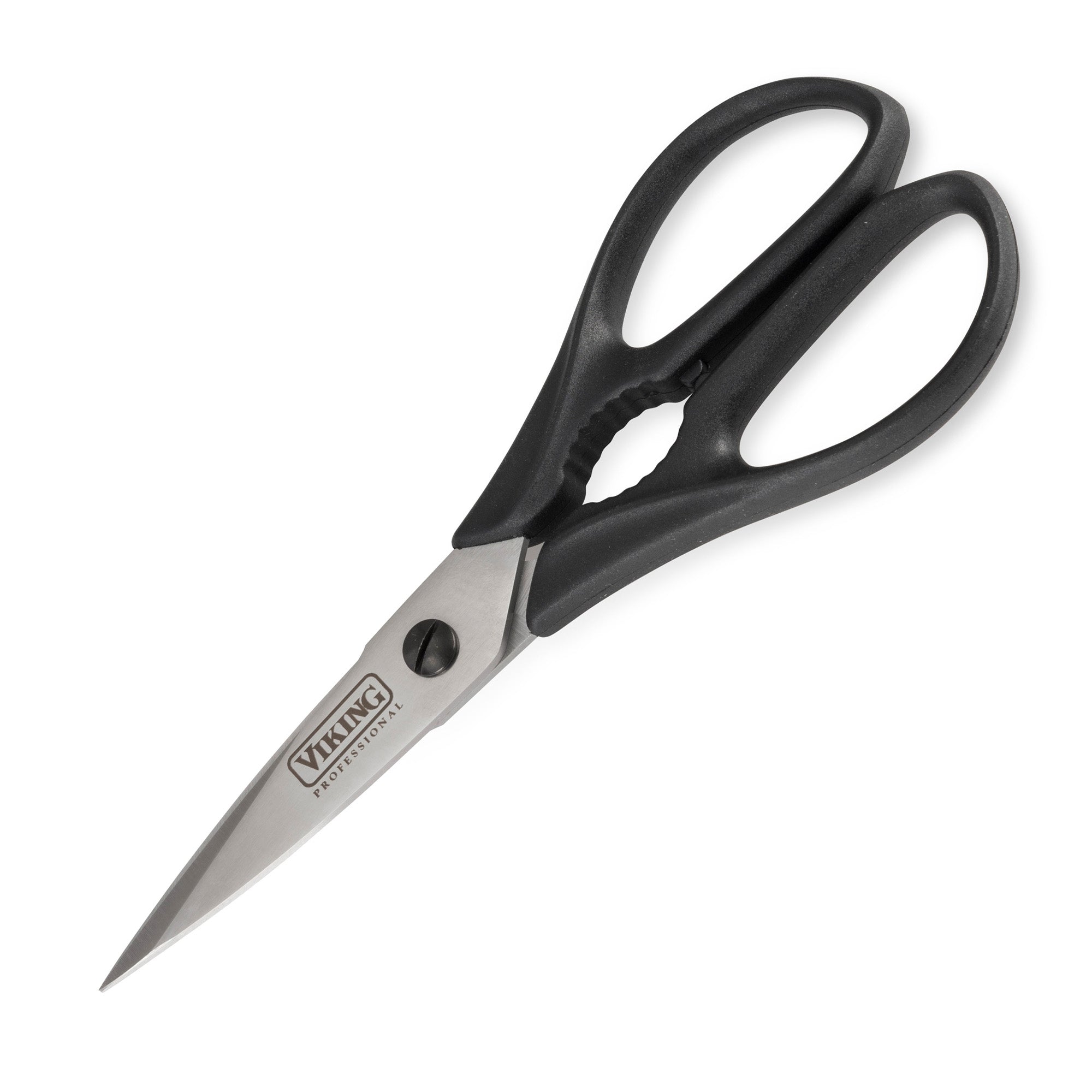A pair of Viking Culinary Products kitchen scissors from the Viking Professional 7-Piece Cutlery Set, featuring black ergonomic handles and a full-tang design, is placed diagonally on a white background.