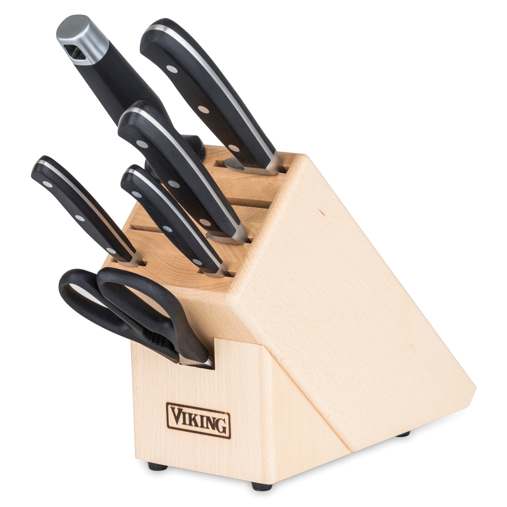 The Viking Professional 9-Slot Beechwood Knife Block by Viking Culinary Products holds six black-handled kitchen knives and a pair of scissors, all covered by a lifetime warranty.
