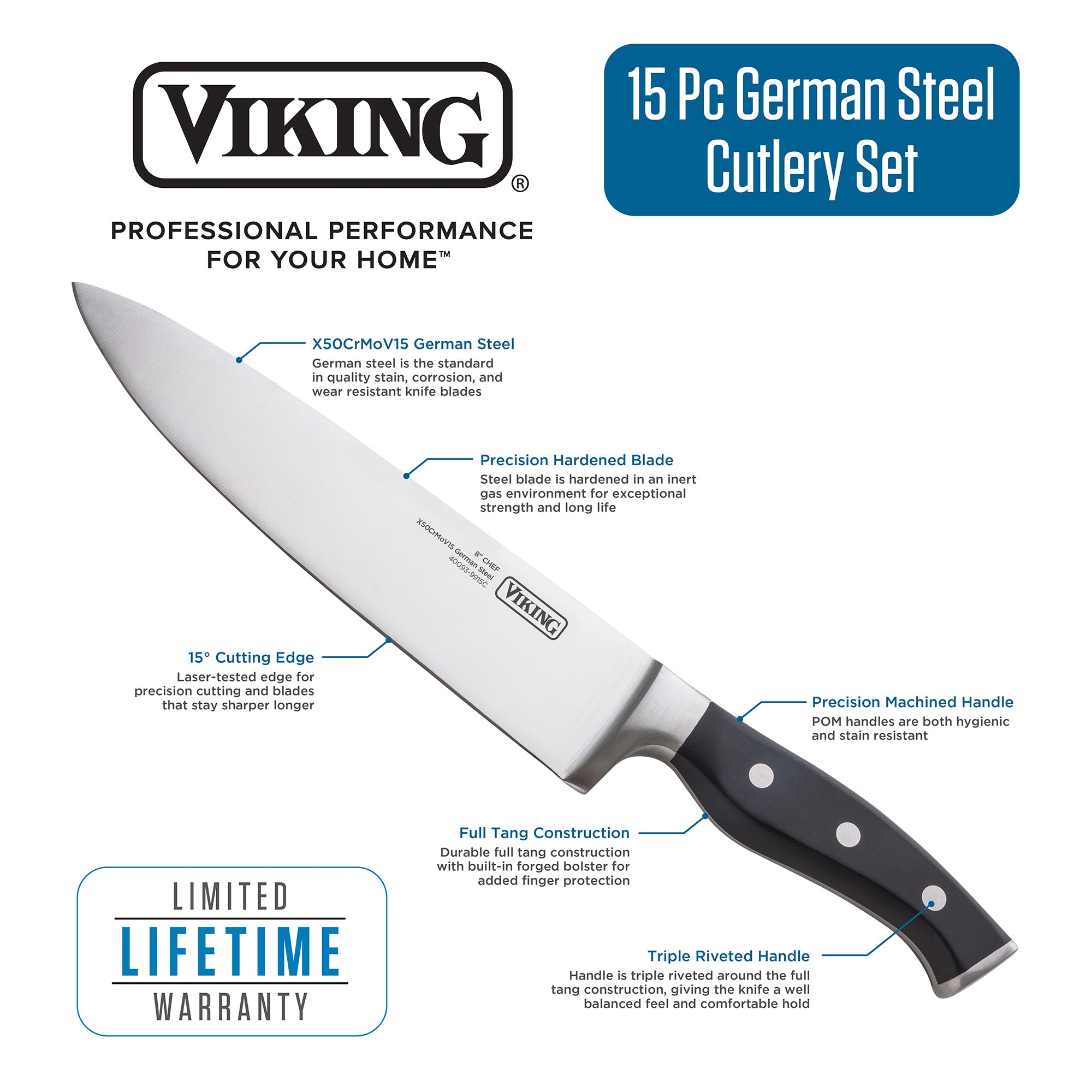 Viking Professional 15-Piece German Steel Cutlery Set with Acacia Wood Block