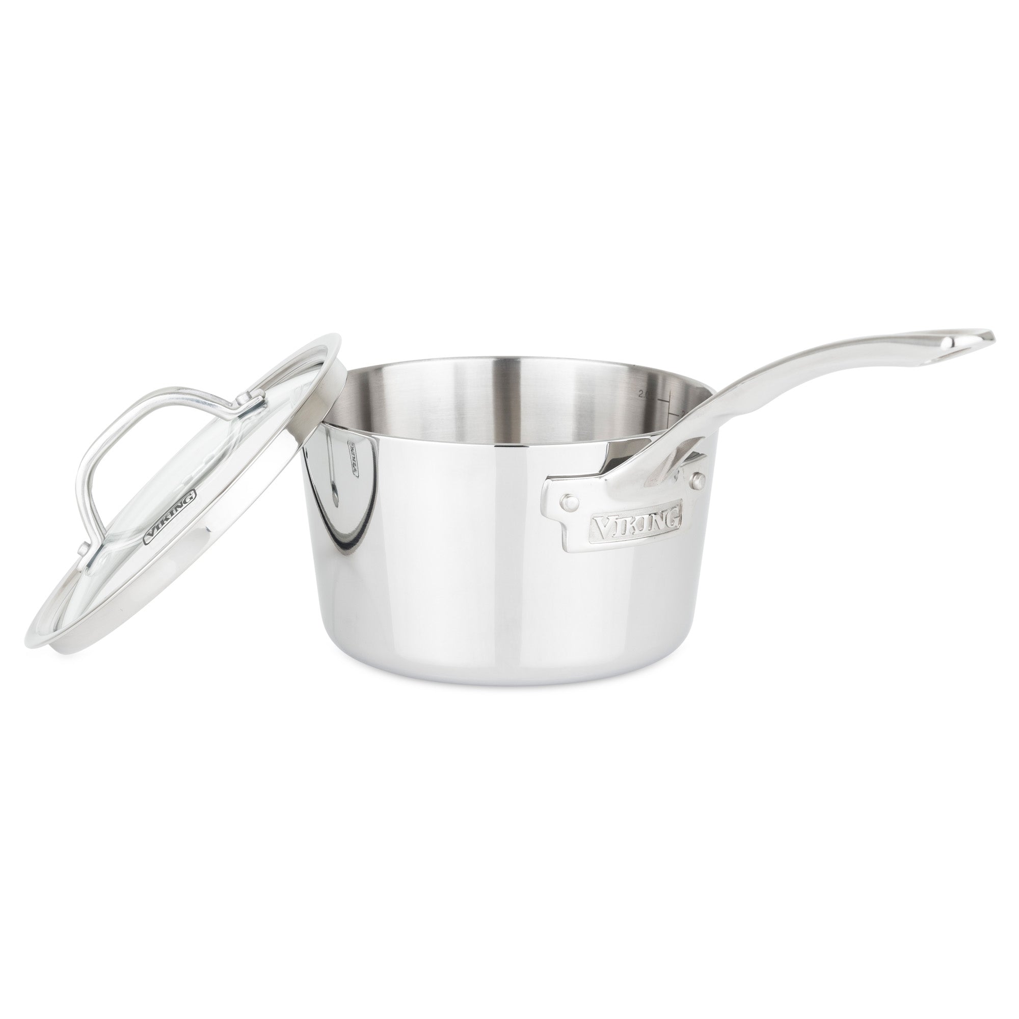 The Viking Culinary Products Contemporary 3-Ply Stainless Steel 7-Piece Cookware Set features a polished finish, glass lids, and long handles. Induction compatible, it combines style and performance for premium stainless steel cookware.