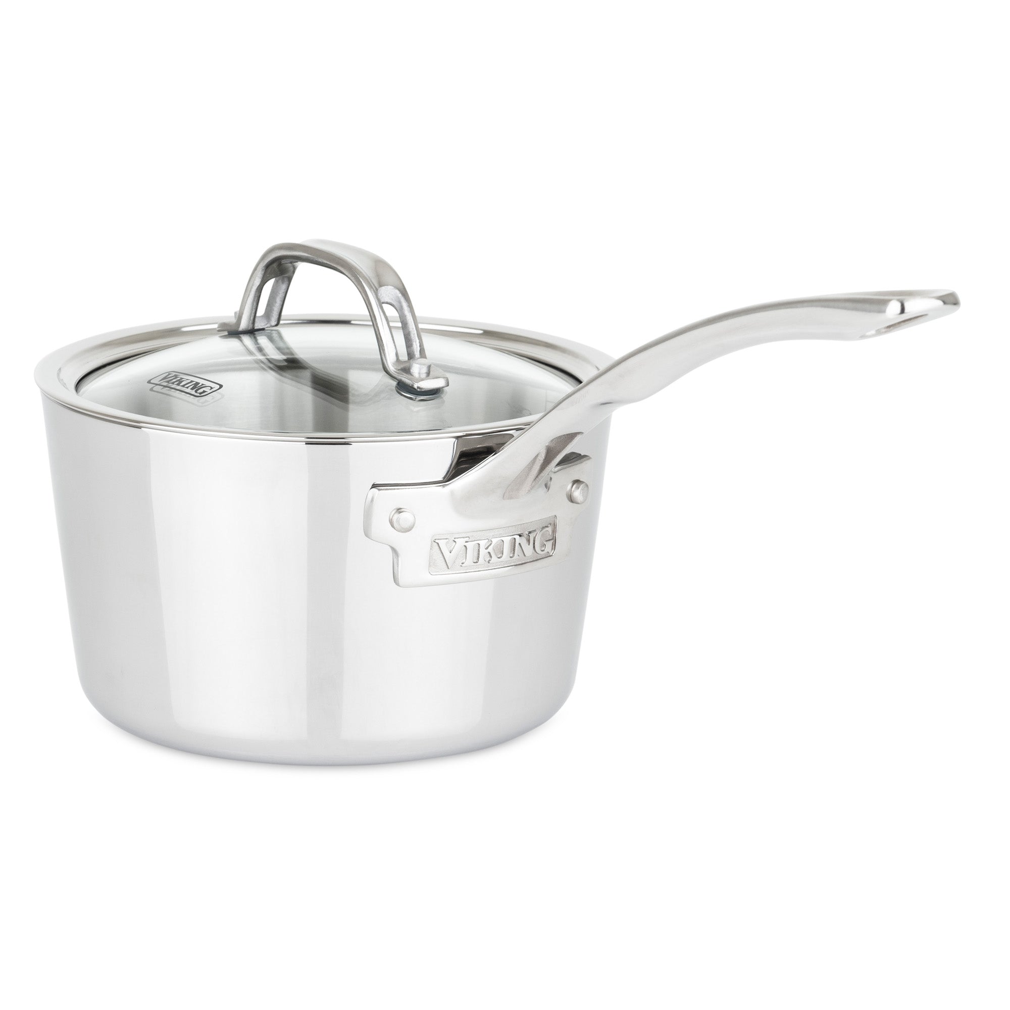 The Viking Contemporary 3-Ply Stainless Steel 10-Piece Cookware Set by Viking Culinary Products features long handles, glass lids, a shiny finish with visible branding, and is dishwasher safe for easy cleaning.