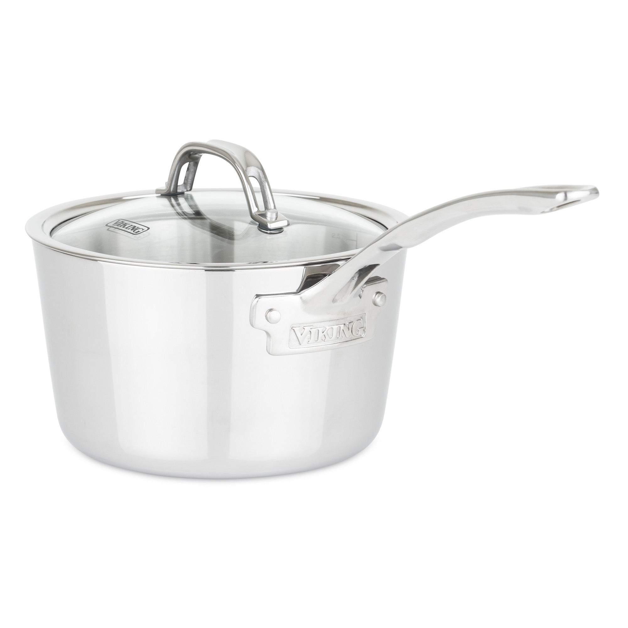 The Viking Culinary Products Contemporary 3-Ply Stainless Steel 10-Piece Cookware Set with glass lids is shown on a white background. The Viking logo appears near the handle. Dishwasher safe for easy cleanup.