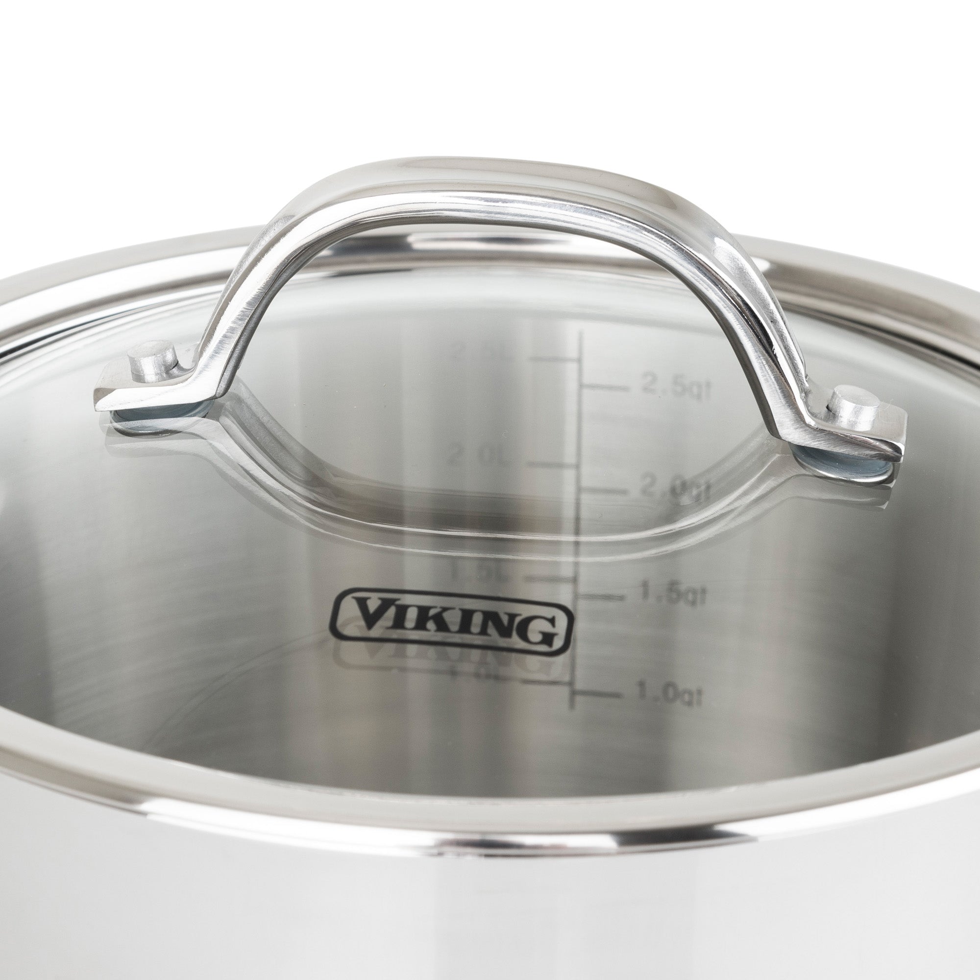 Close-up of the Viking Contemporary 3-Ply Stainless Steel 3.4-Quart Soup Pot by Viking Culinary Products, induction compatible, with a glass lid featuring a metal handle, Viking logo, and measurement markings from 1.0 to 2.5 quarts.