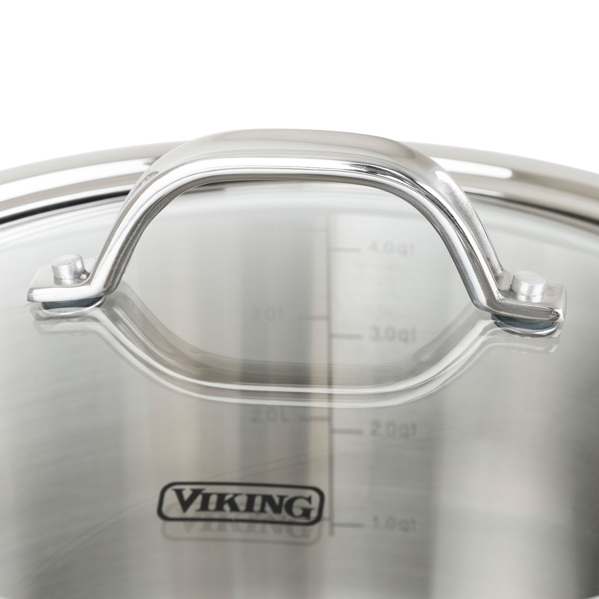 Close-up of the Viking Contemporary 3-Ply 5.2-Quart Dutch Oven with Glass Lid by Viking Culinary Products, featuring stainless steel construction, induction compatibility, metal handle, measurement markings, and signature logoâ€”ideal for Dutch oven-style cooking.