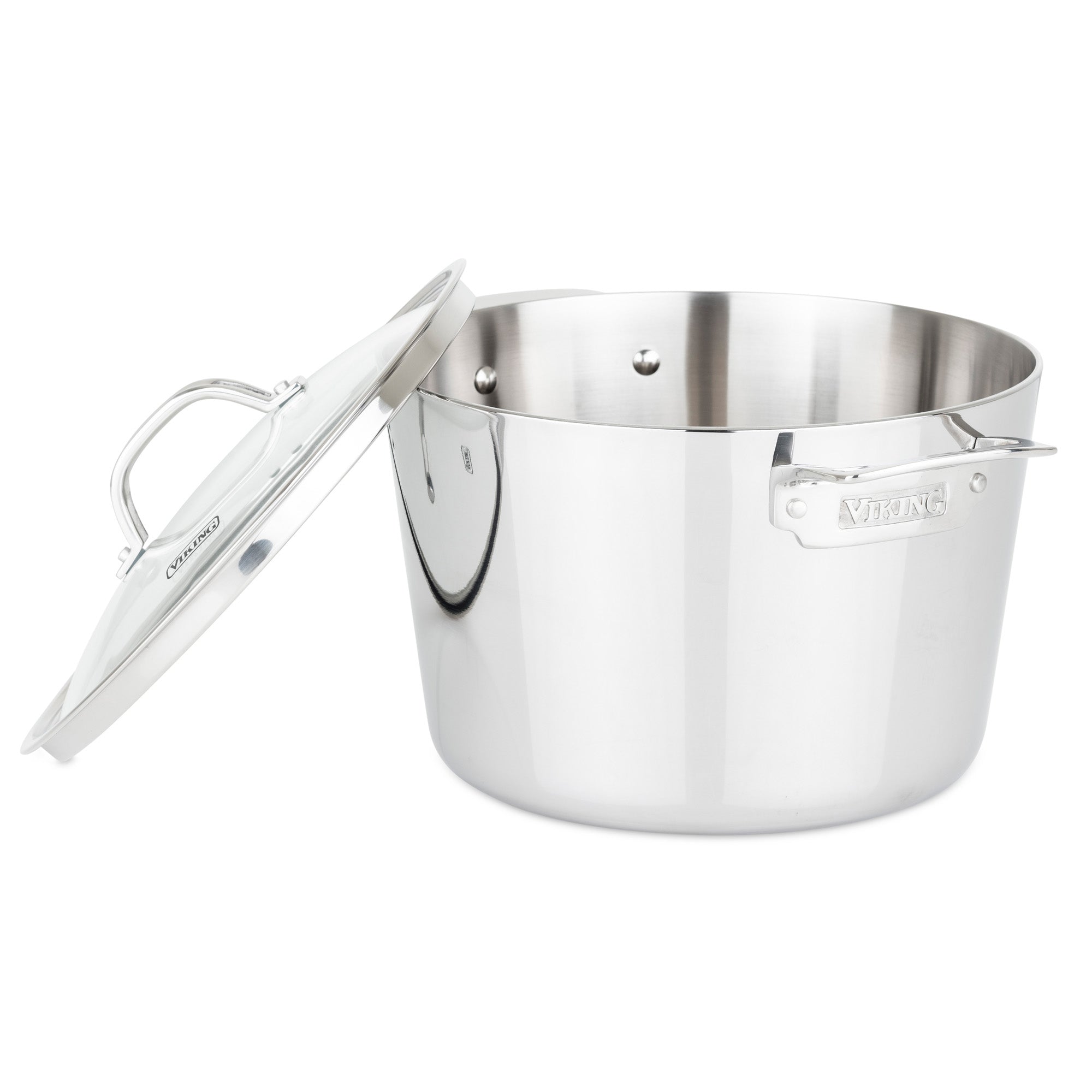 The Viking Contemporary 3-Ply Stainless Steel 7-Piece Cookware Set with Glass Lids by Viking Culinary Products is shown on a white background, featuring two handles, a shiny finish, and the brand name displayed on the side.