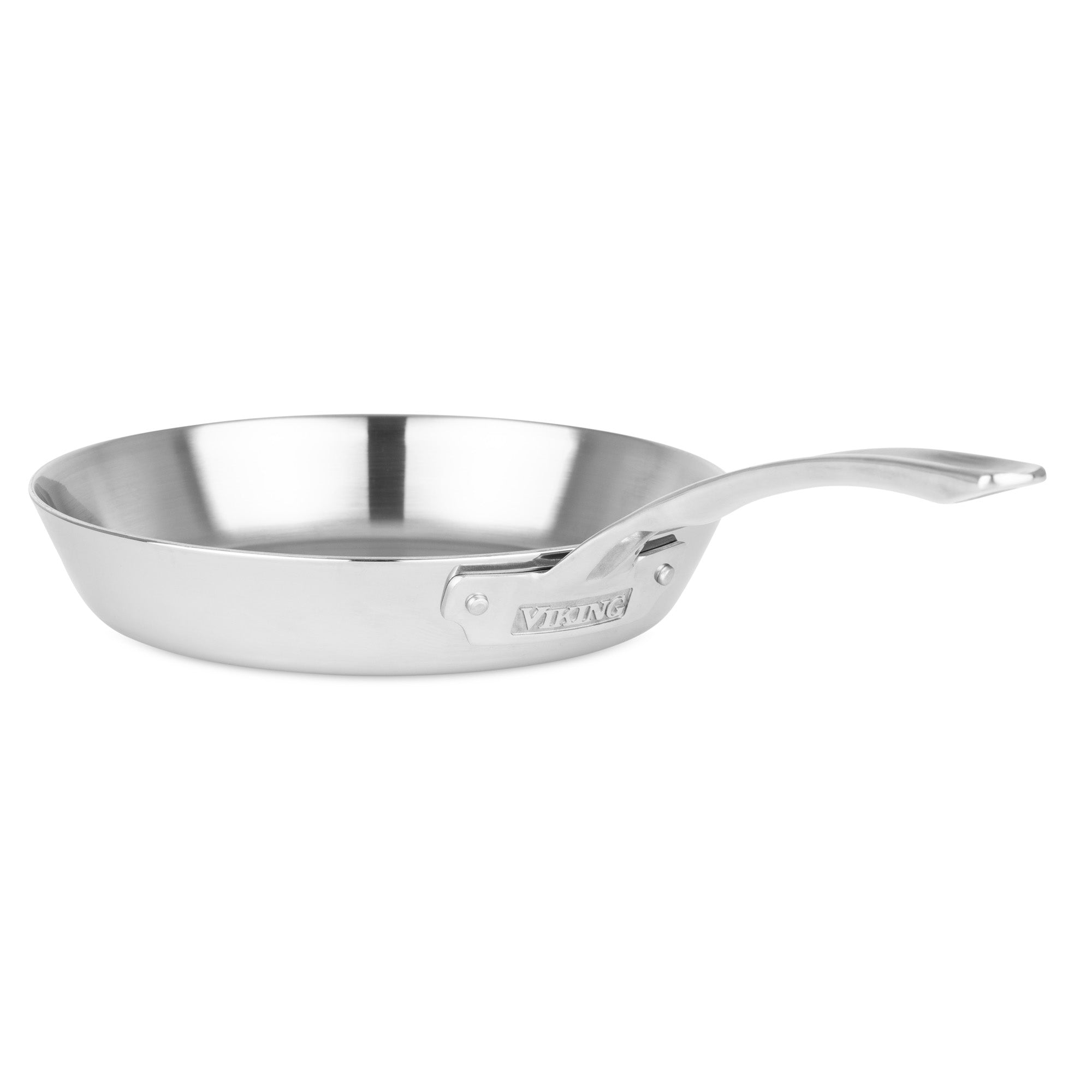 The Viking Contemporary 3-Ply Stainless Steel 7-Piece Cookware Set with Glass Lids by Viking Culinary Products features induction-compatible, oven-safe pots and pans with long, curved handles and a reflective finish, shown from a side angle on a white background.