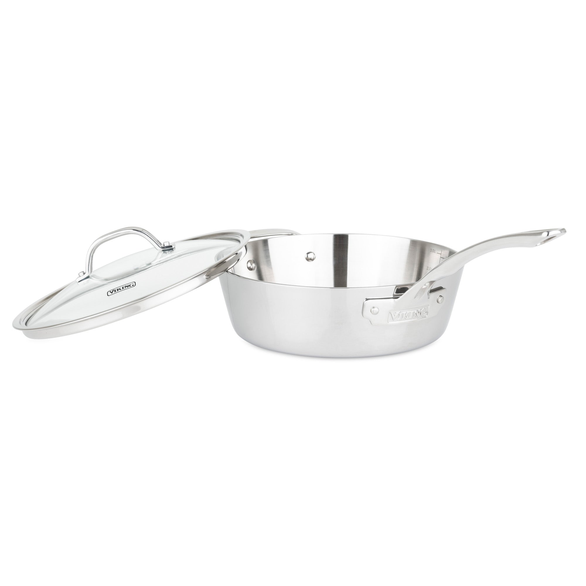 The Viking Contemporary 3-Ply Stainless Steel 7-Piece Cookware Set with Glass Lids by Viking Culinary Products features induction-compatible, shiny stainless steel cookware with long handles and clear glass lids, brand name displayed on the side.