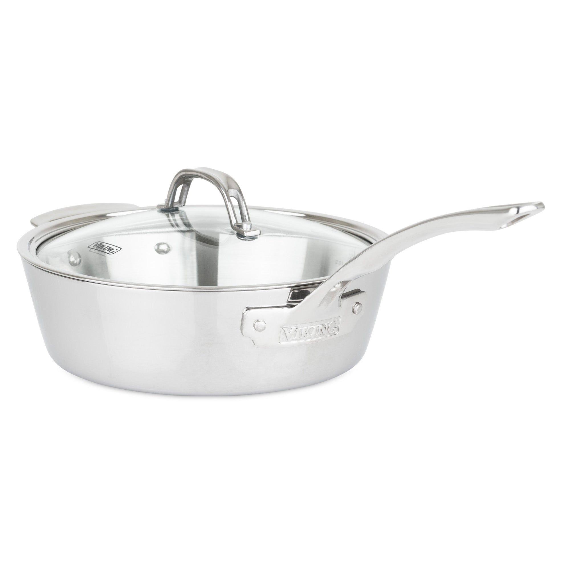 The Viking Contemporary 3-Ply Stainless Steel 10-Piece Cookware Set with Glass Lids by Viking Culinary Products is shown against a white background. Dishwasher safe for easy cleanup, the set features long and helper handles.