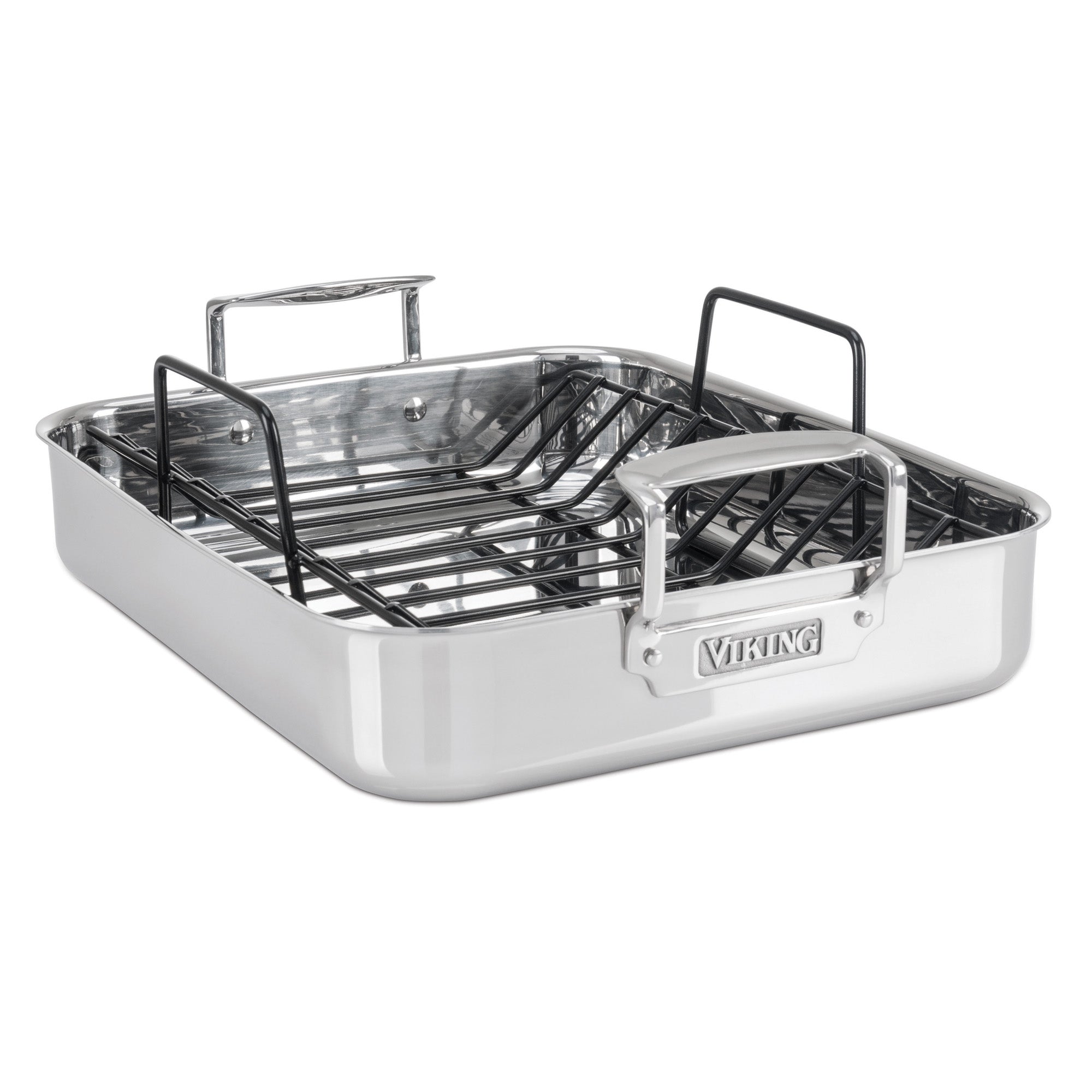 The Viking 3-Ply Stainless Steel Roaster with Rack by Viking Culinary Products features large handles, a removable nonstick rack, and a rectangular design labeled â€œVikingâ€ on the front.