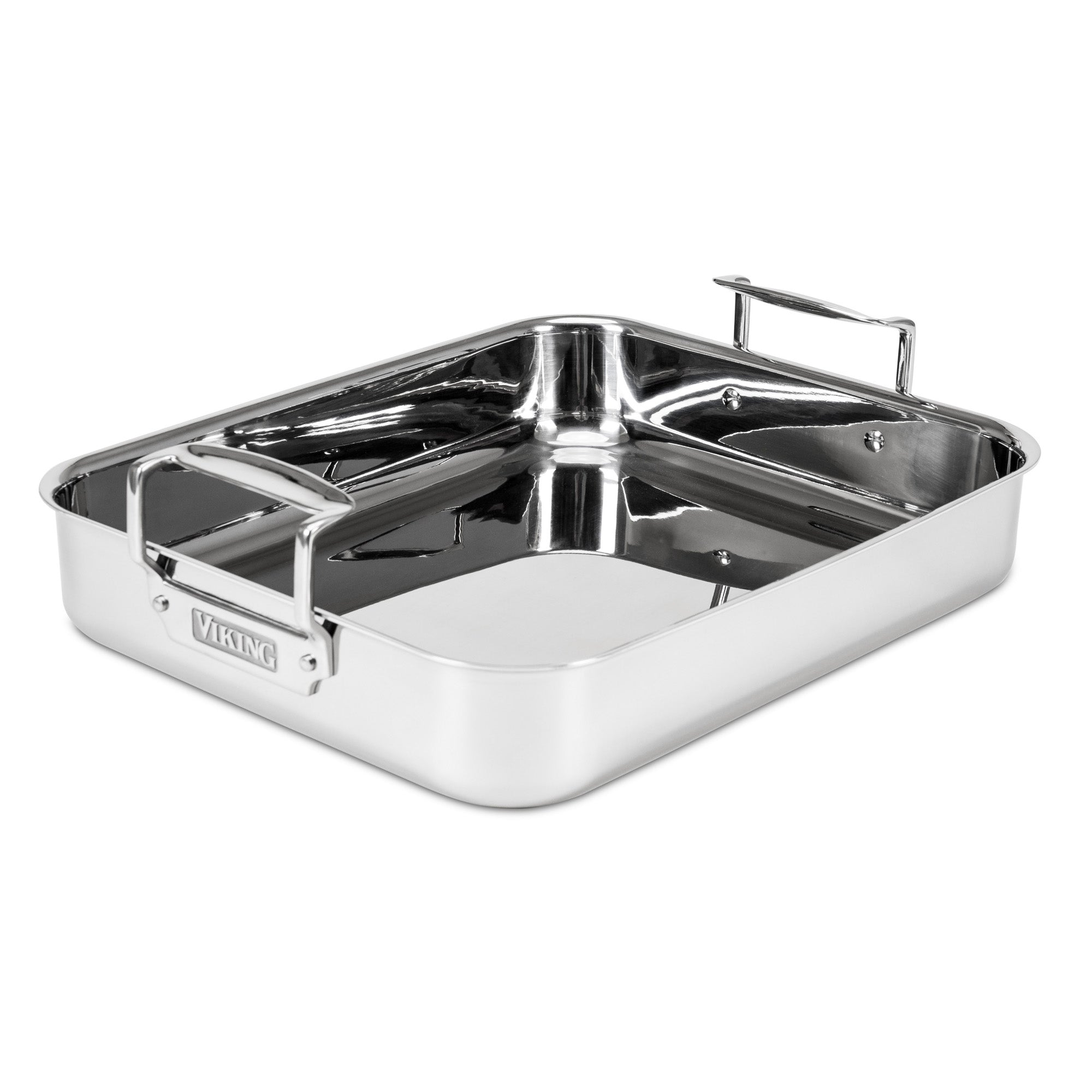 The Viking 3-Ply Stainless Steel Roaster with Rack by Viking Culinary Products features sturdy side handles, smooth reflective surfaces, and a visible brand name on the front handle. Includes a nonstick rack.