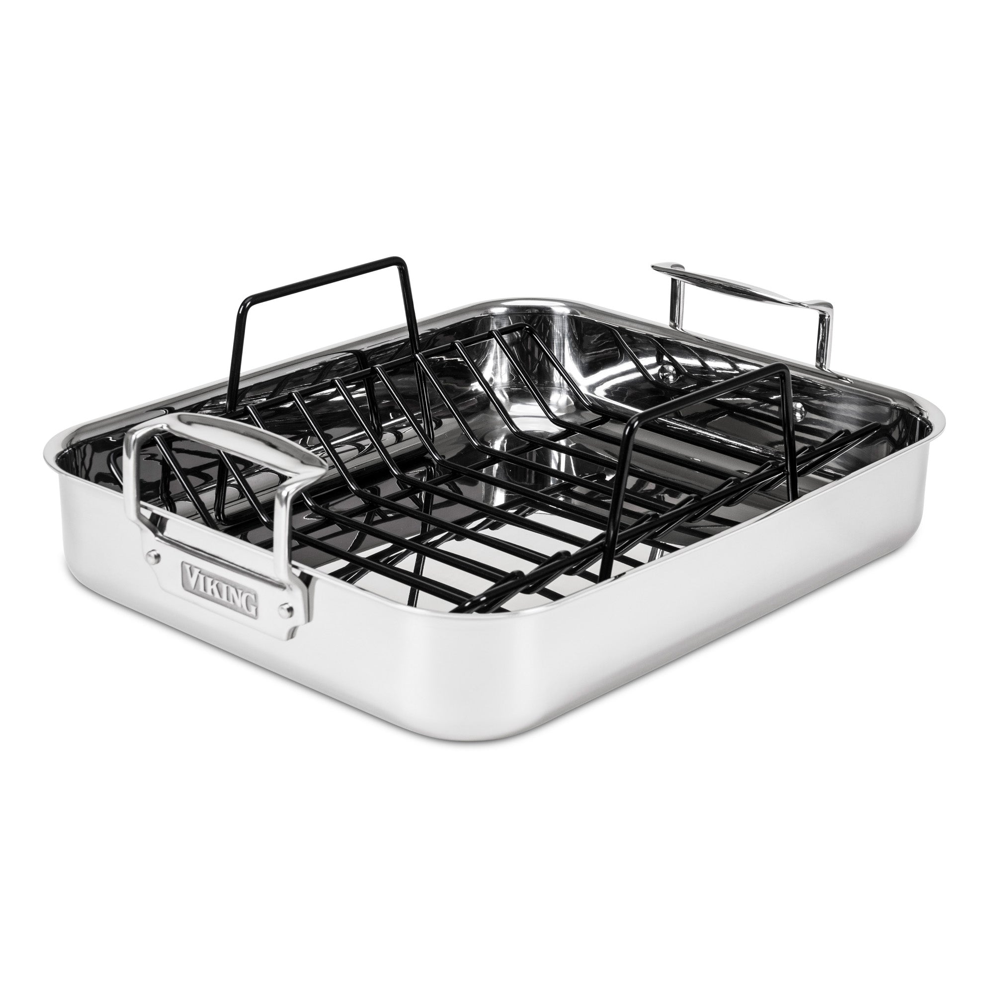 The Viking 3-Ply Stainless Steel Roaster with Rack by Viking Culinary Products features two handles and a removable nonstick rack, perfect for roasting large cuts of meat or poultry.