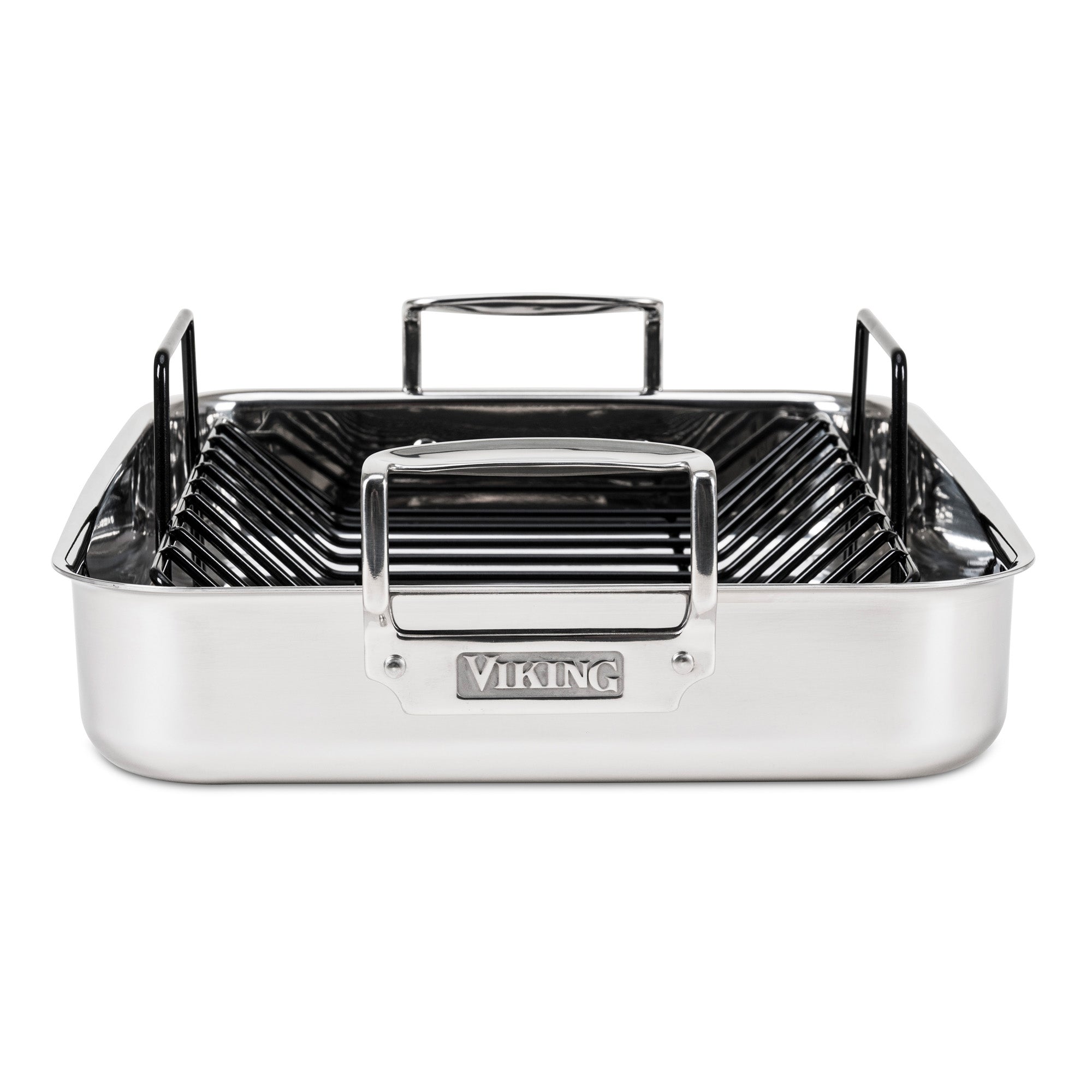 The Viking Culinary Products 3-Ply Stainless Steel Roaster with Rack features sturdy side handles and a VIKING logo on the front handle, shown from the front with its nonstick rack.