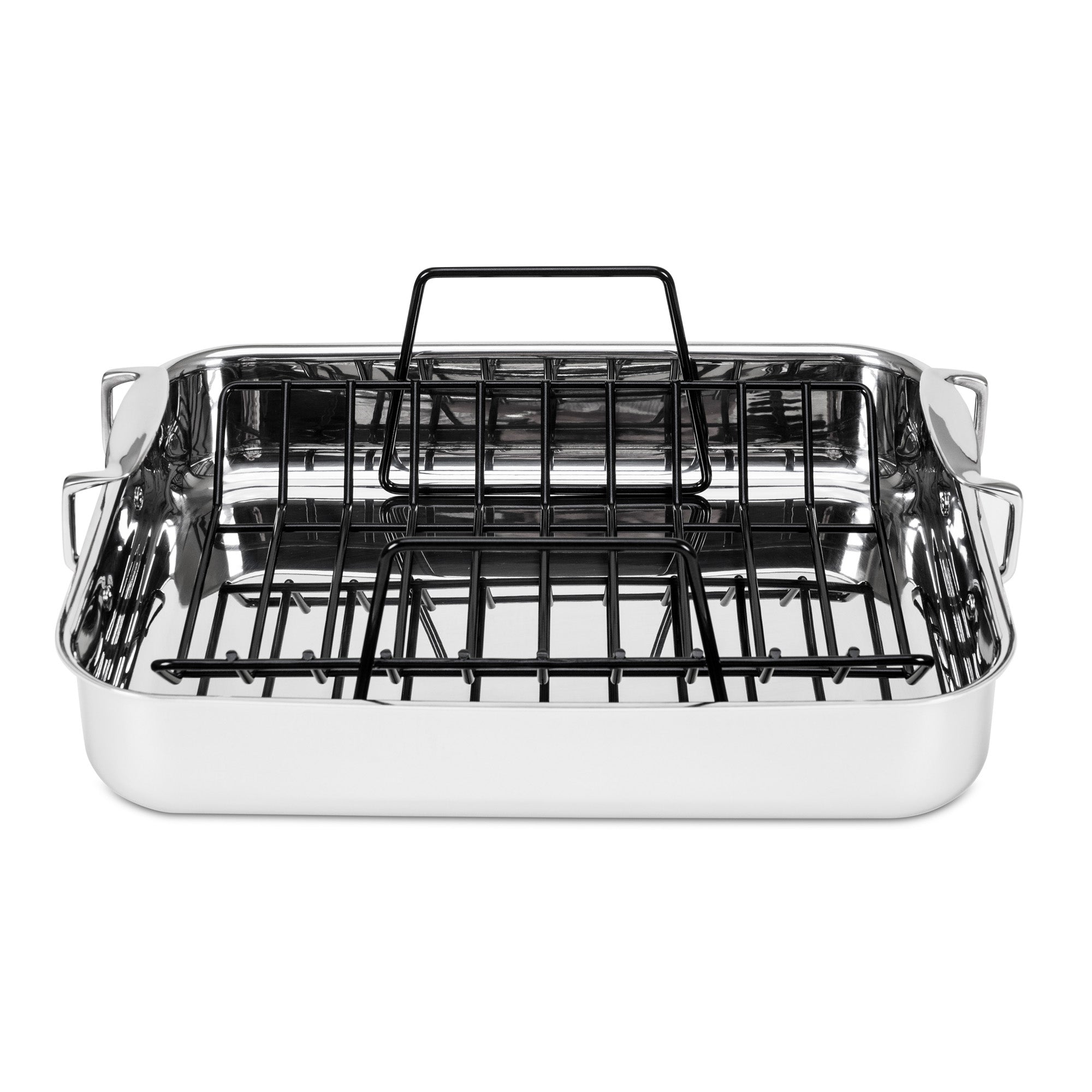The Viking 3-Ply Stainless Steel Roaster with Rack by Viking Culinary Products features a polished finish, two side handles, and a removable nonstick rack, shown from the front.