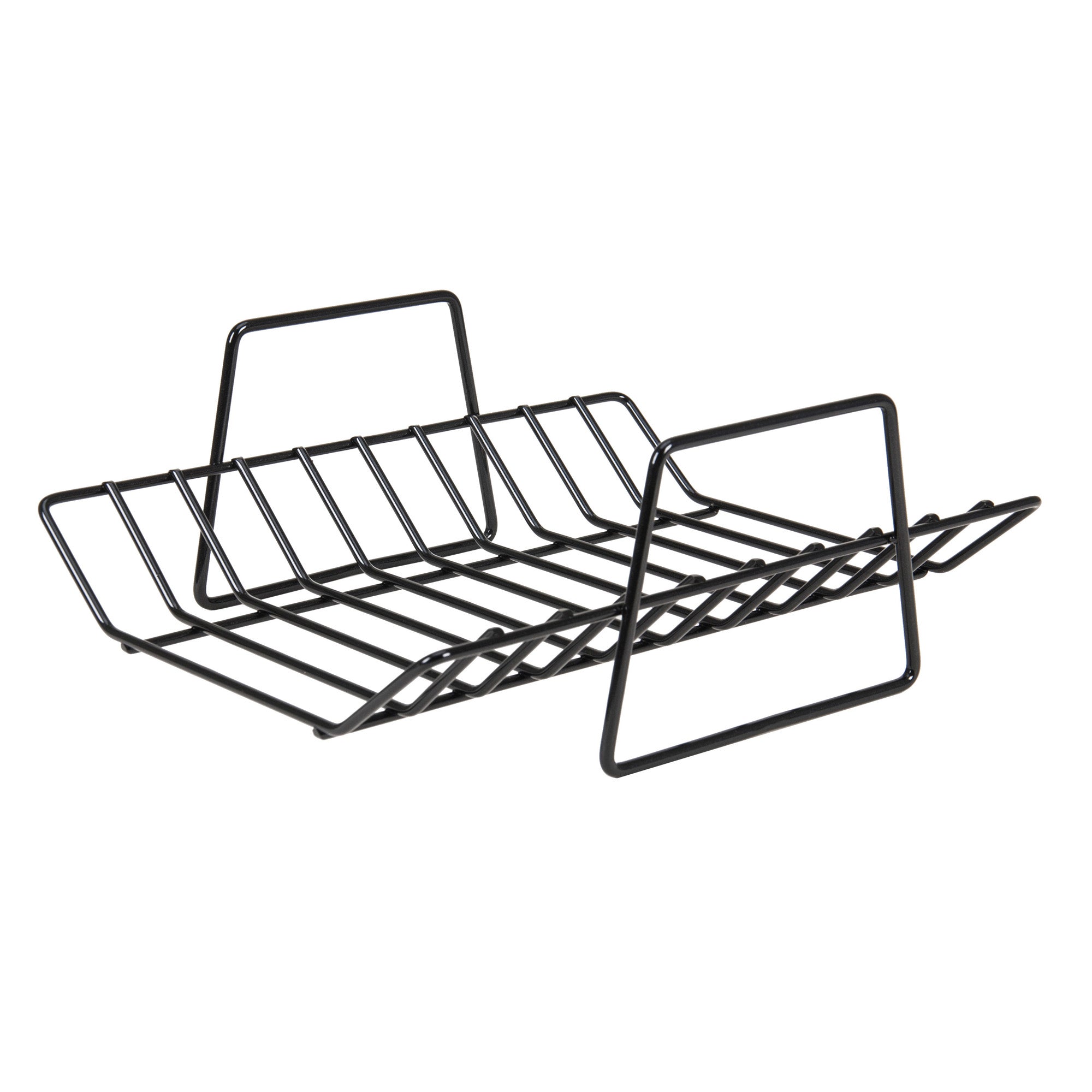The Viking 3-Ply Stainless Steel Roaster with Rack by Viking Culinary Products features a nonstick black metal rack with angled ends for holding items like plates or files, displayed against a plain white background.